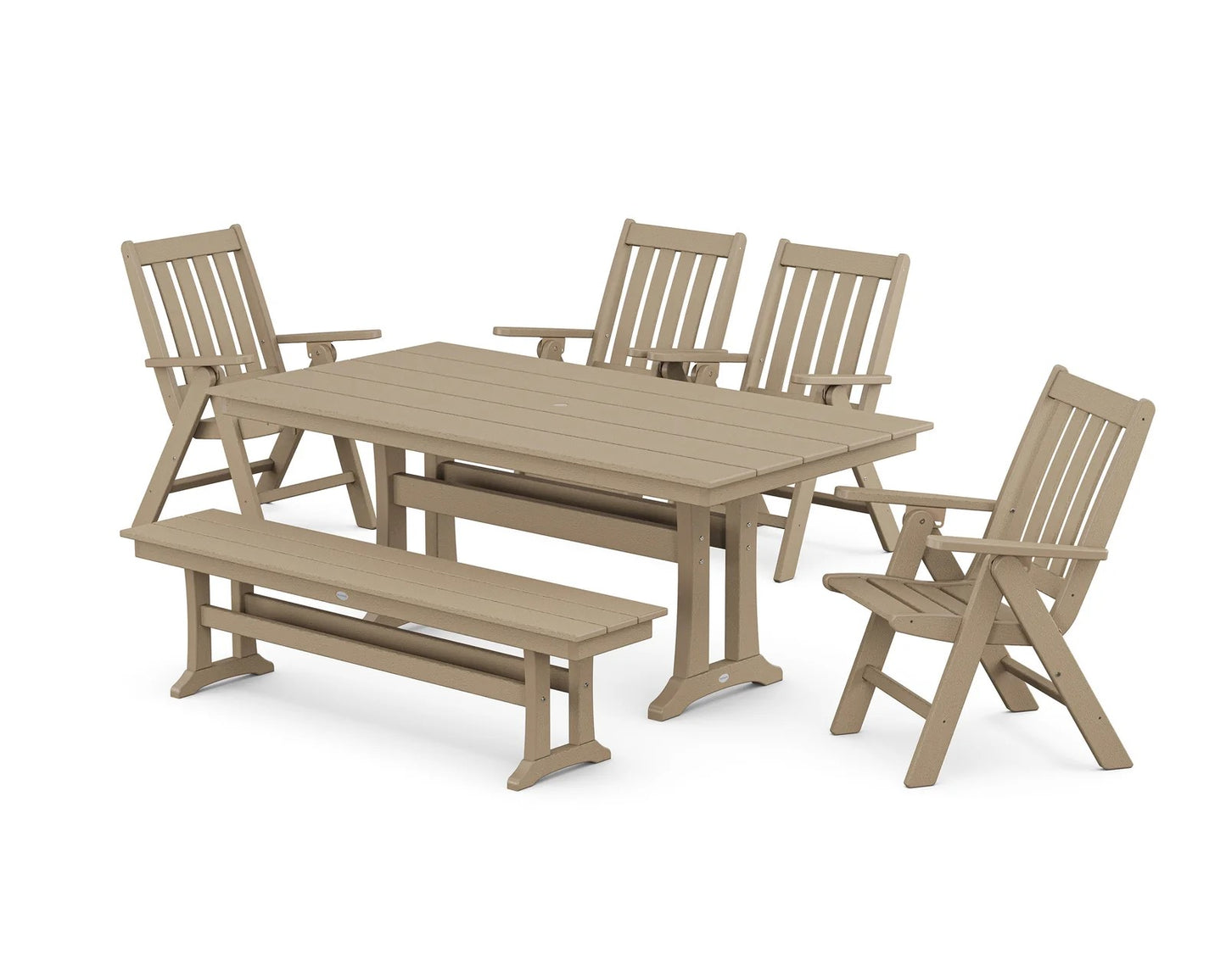 Polywood - Vineyard 6-Piece Folding Chair Farmhouse Dining Set with Trestle Legs & Bench - FREE SHIPPING