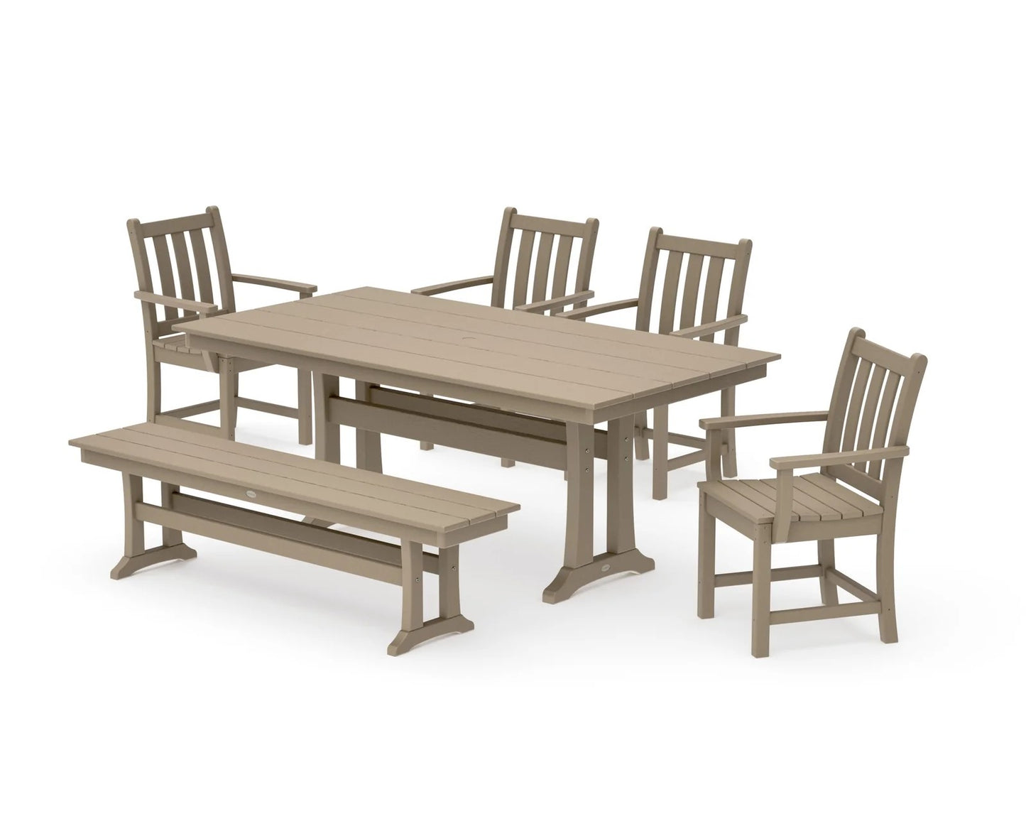 Polywood - Traditional Garden Arm Chair 6-Piece Farmhouse Dining Set with Trestle Legs & Bench - FREE SHIPPING