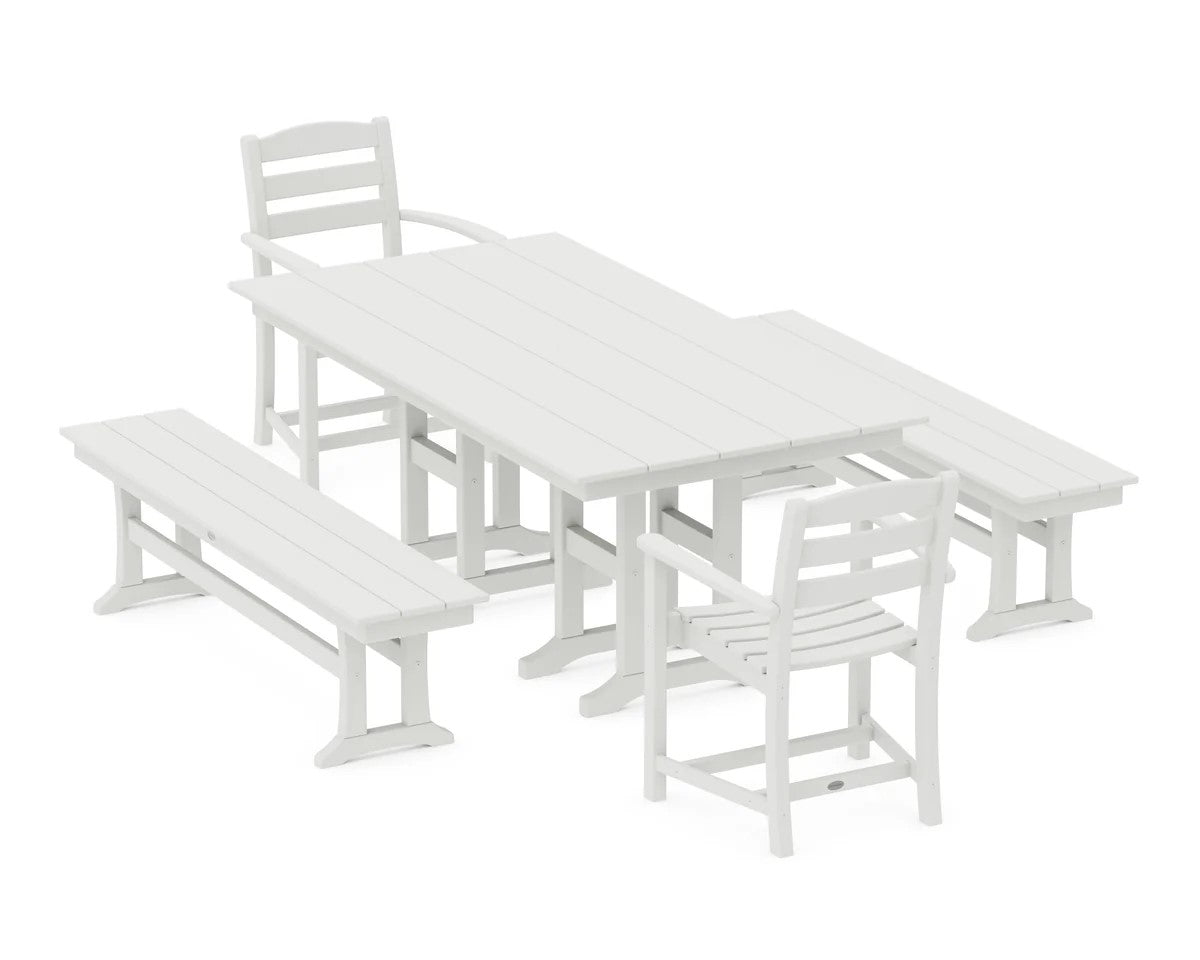 Polywood - La Casa Café 5-Piece Farmhouse Dining Set with Benches - FREE SHIPPING