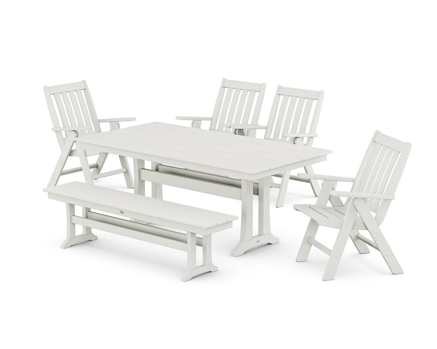 Polywood - Vineyard 6-Piece Folding Chair Farmhouse Dining Set with Trestle Legs & Bench - FREE SHIPPING