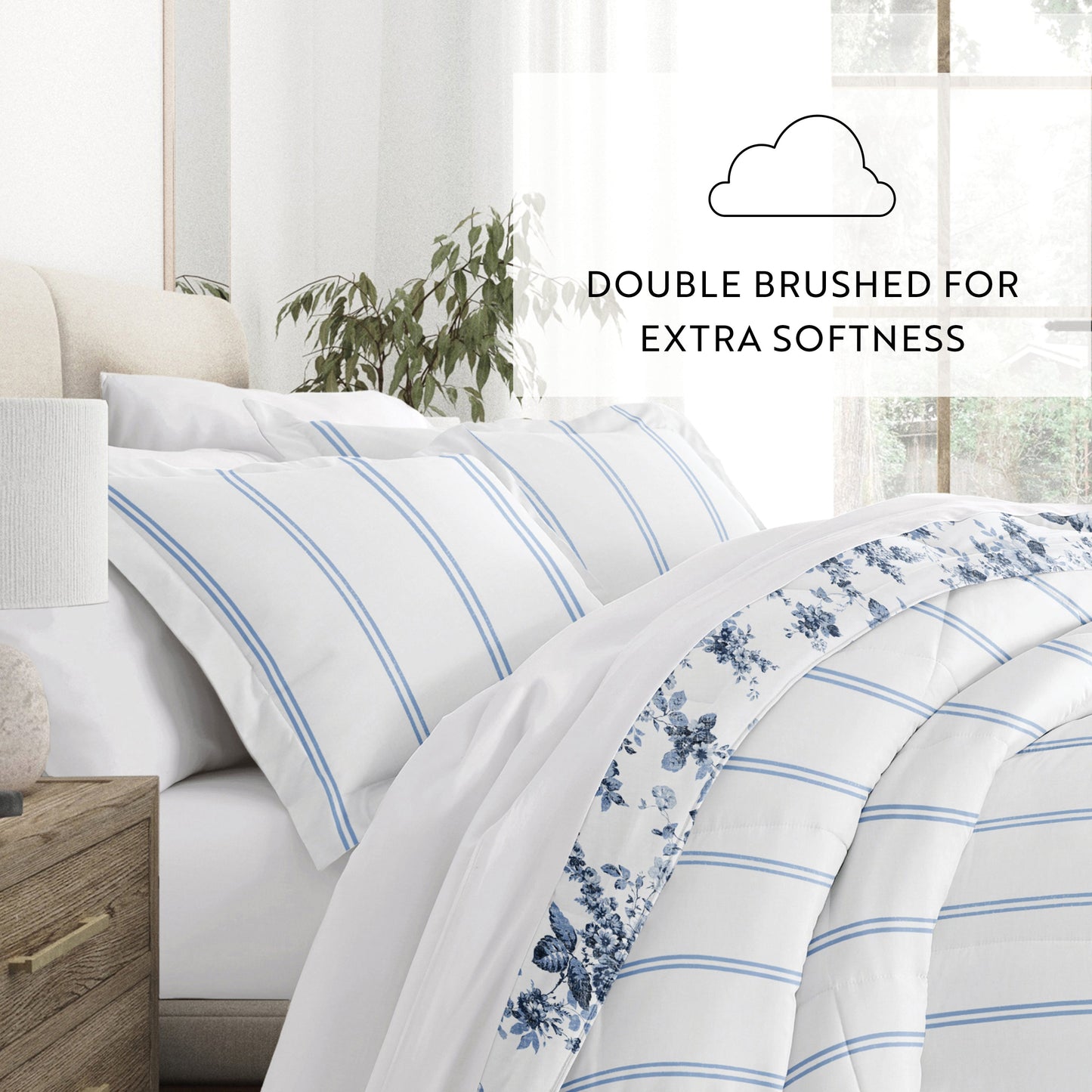 Cabbage Rose Stripe Reversible Patterned Down-Alternative Comforter Set