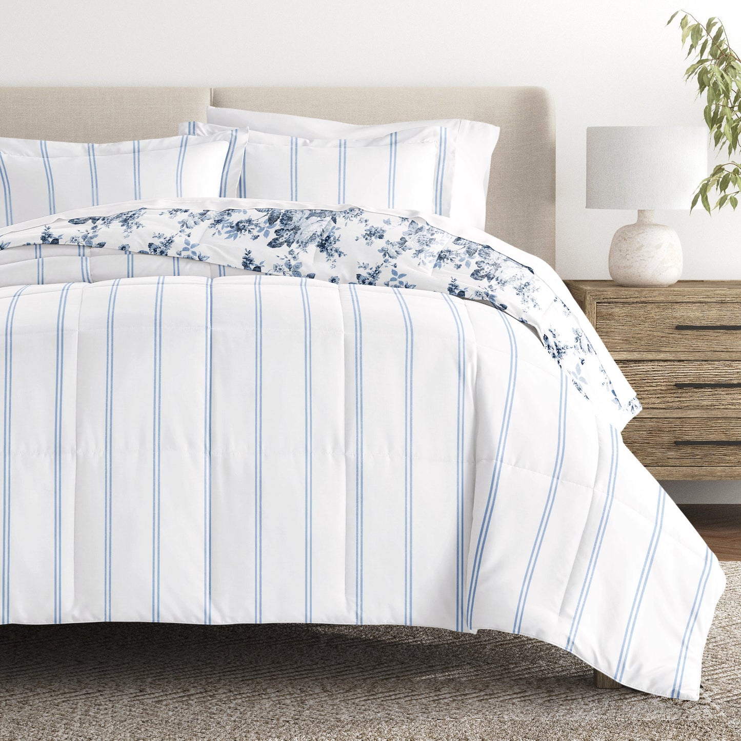 Cabbage Rose Stripe Reversible Patterned Down-Alternative Comforter Set