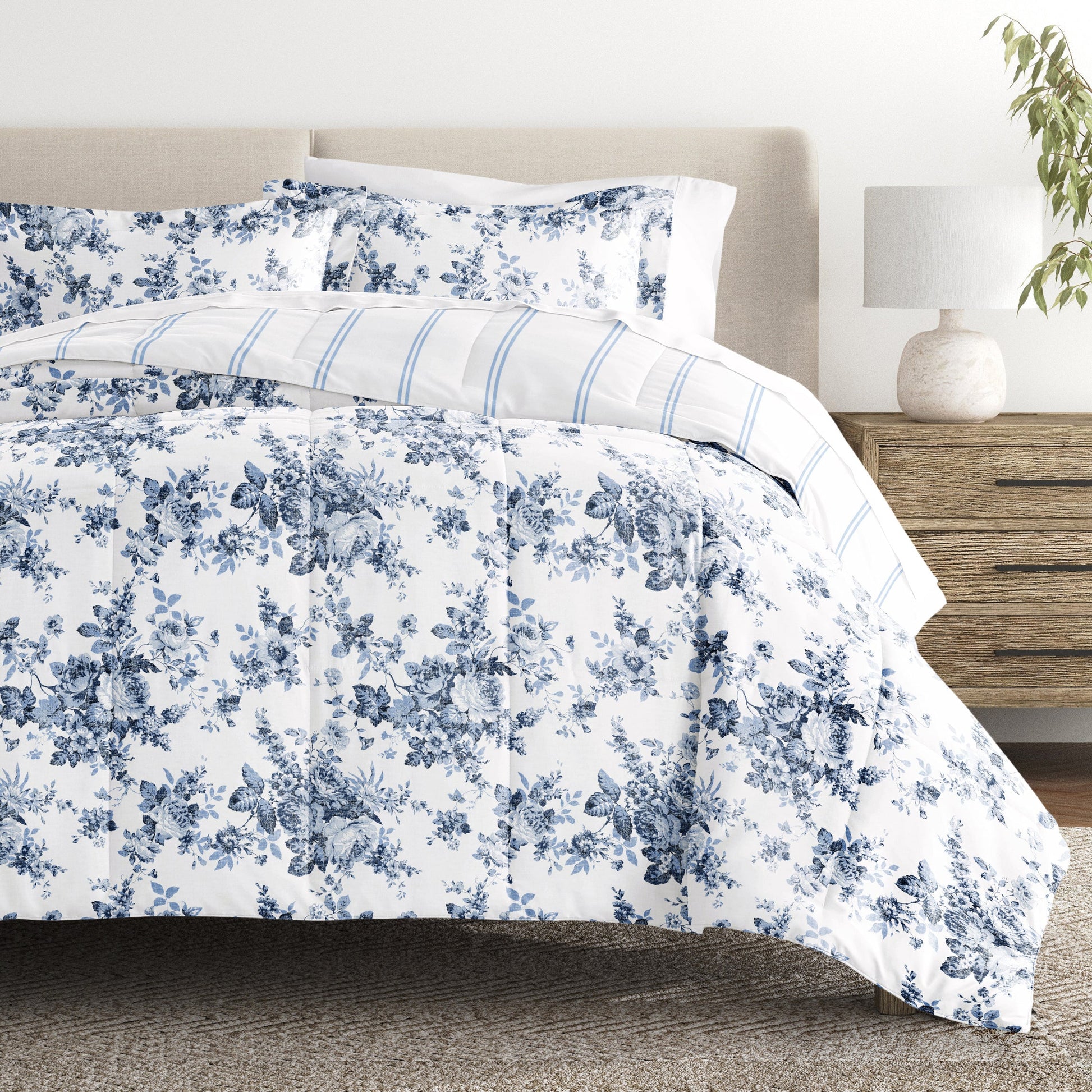 Cabbage Rose Stripe Reversible Patterned Down-Alternative Comforter Set