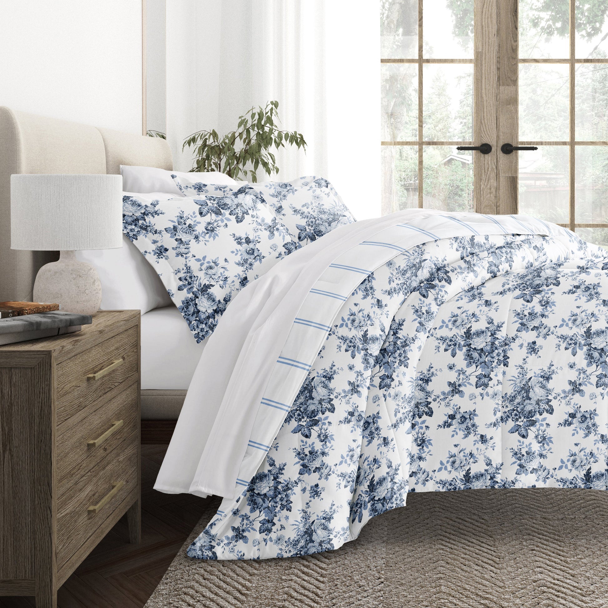 Cabbage Rose Stripe Reversible Patterned Down-Alternative Comforter Set