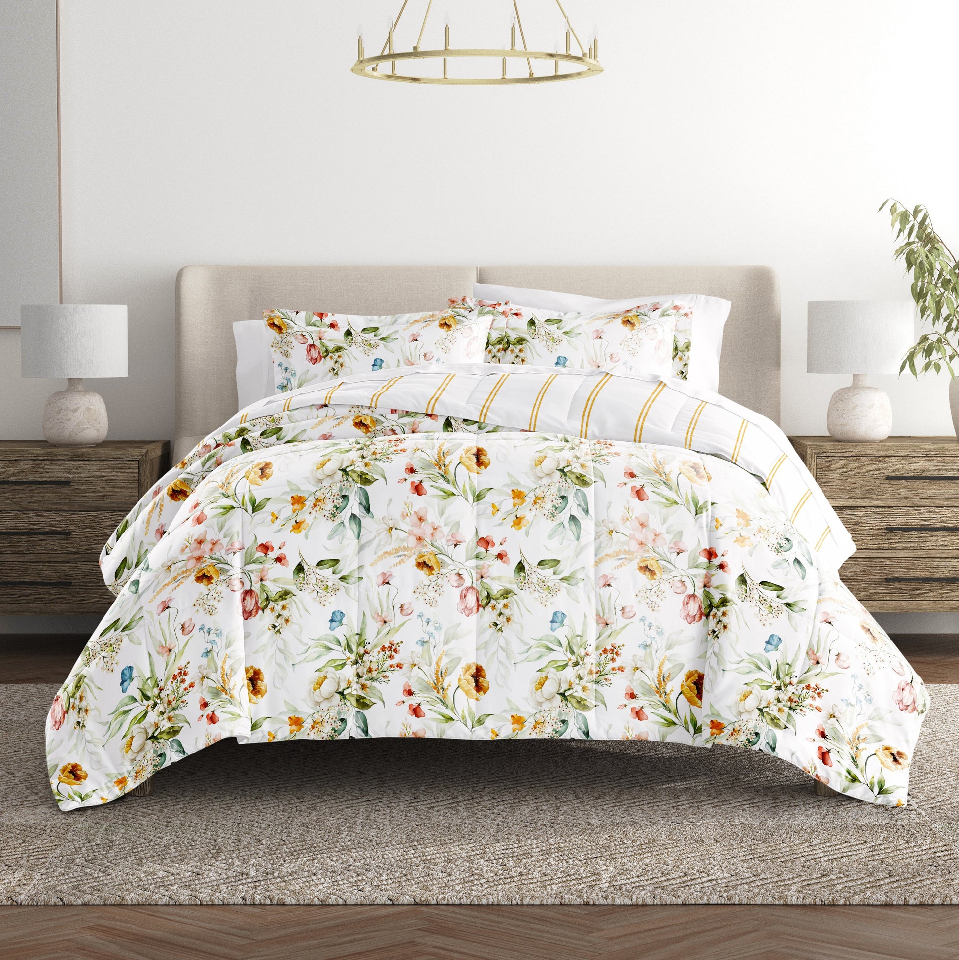 Chintz Floral Stripe Reversible Patterned Down-Alternative Comforter Set