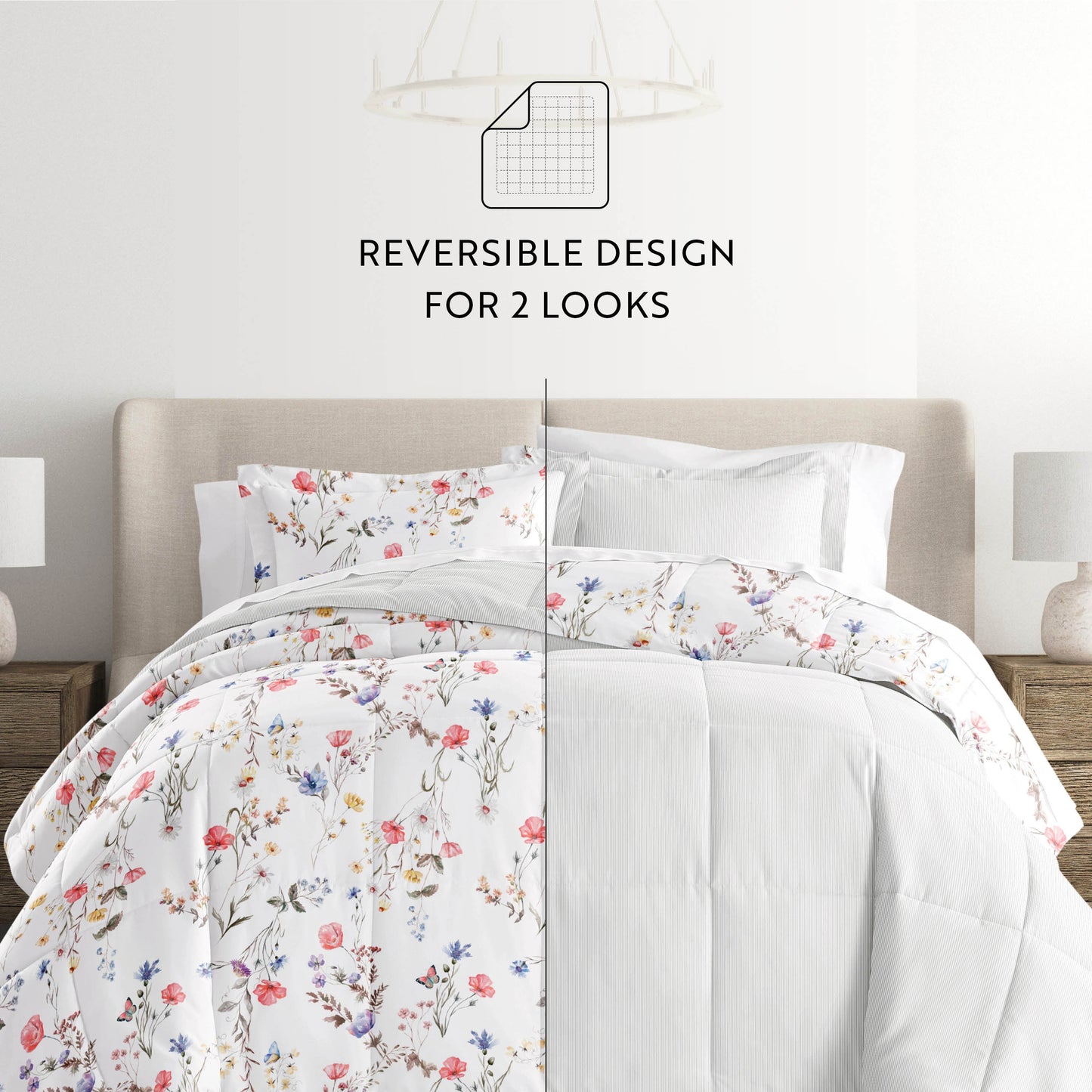 Meadow Floral Stripe Reversible Patterned Down-Alternative Comforter Set