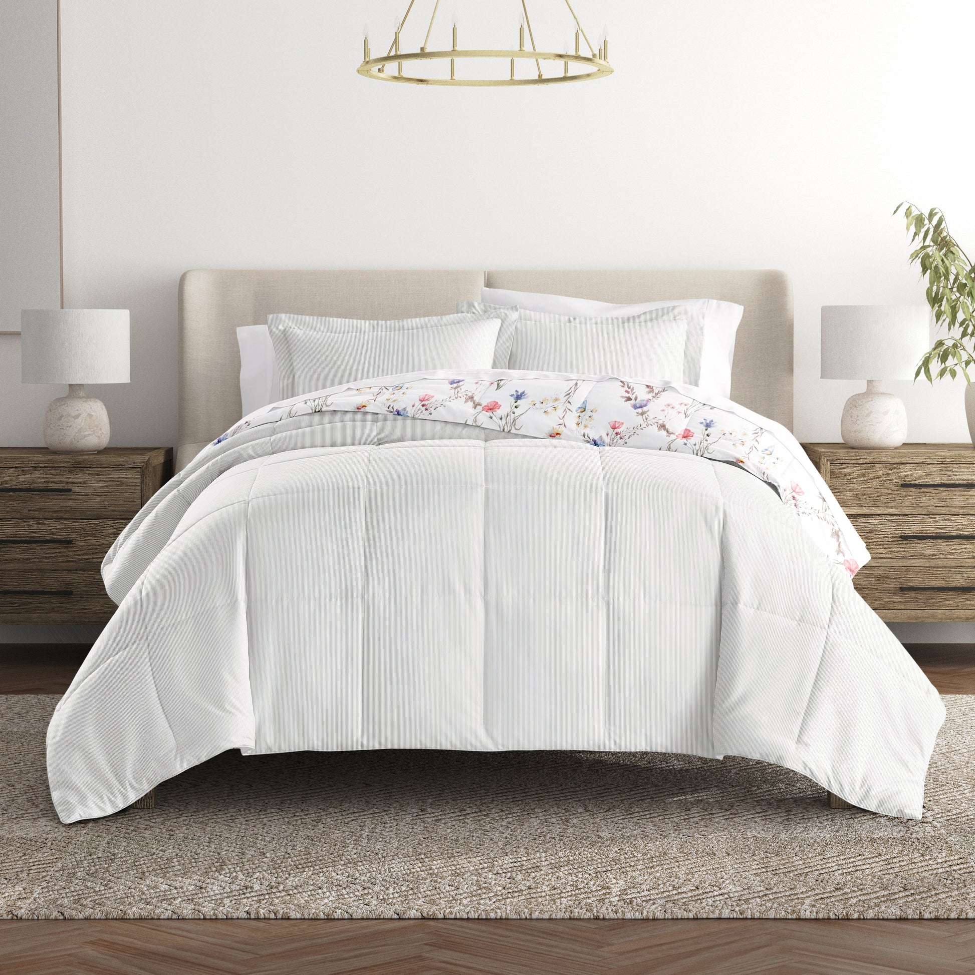 Meadow Floral Stripe Reversible Patterned Down-Alternative Comforter Set