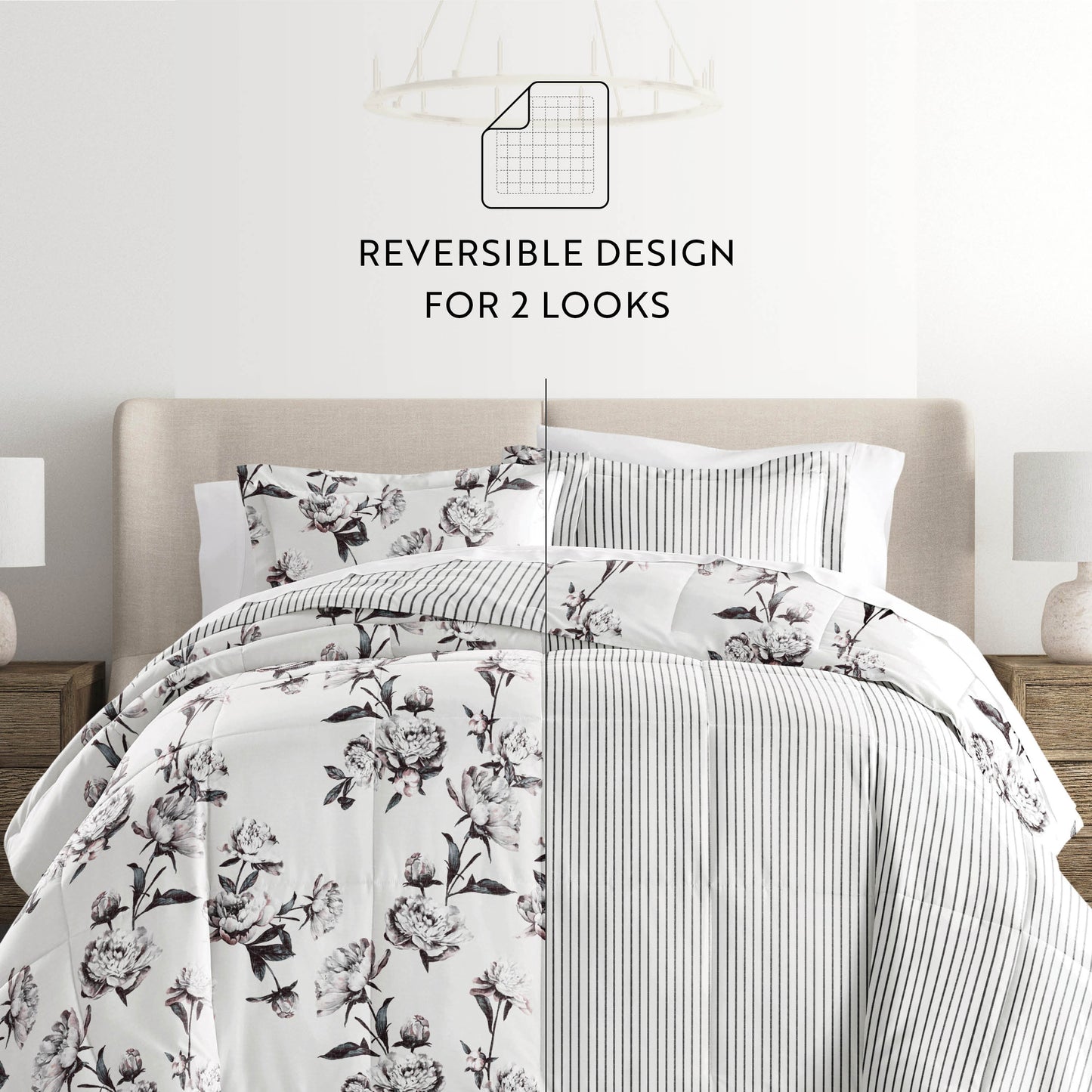 Vintage Magnolia Stripe Reversible Patterned Down-Alternative Comforter Set