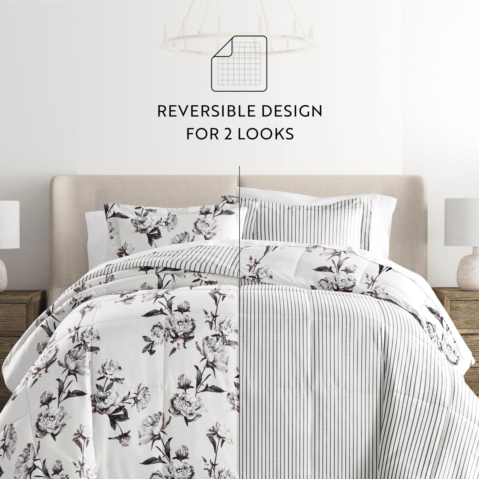 Vintage Magnolia Stripe Reversible Patterned Down-Alternative Comforter Set