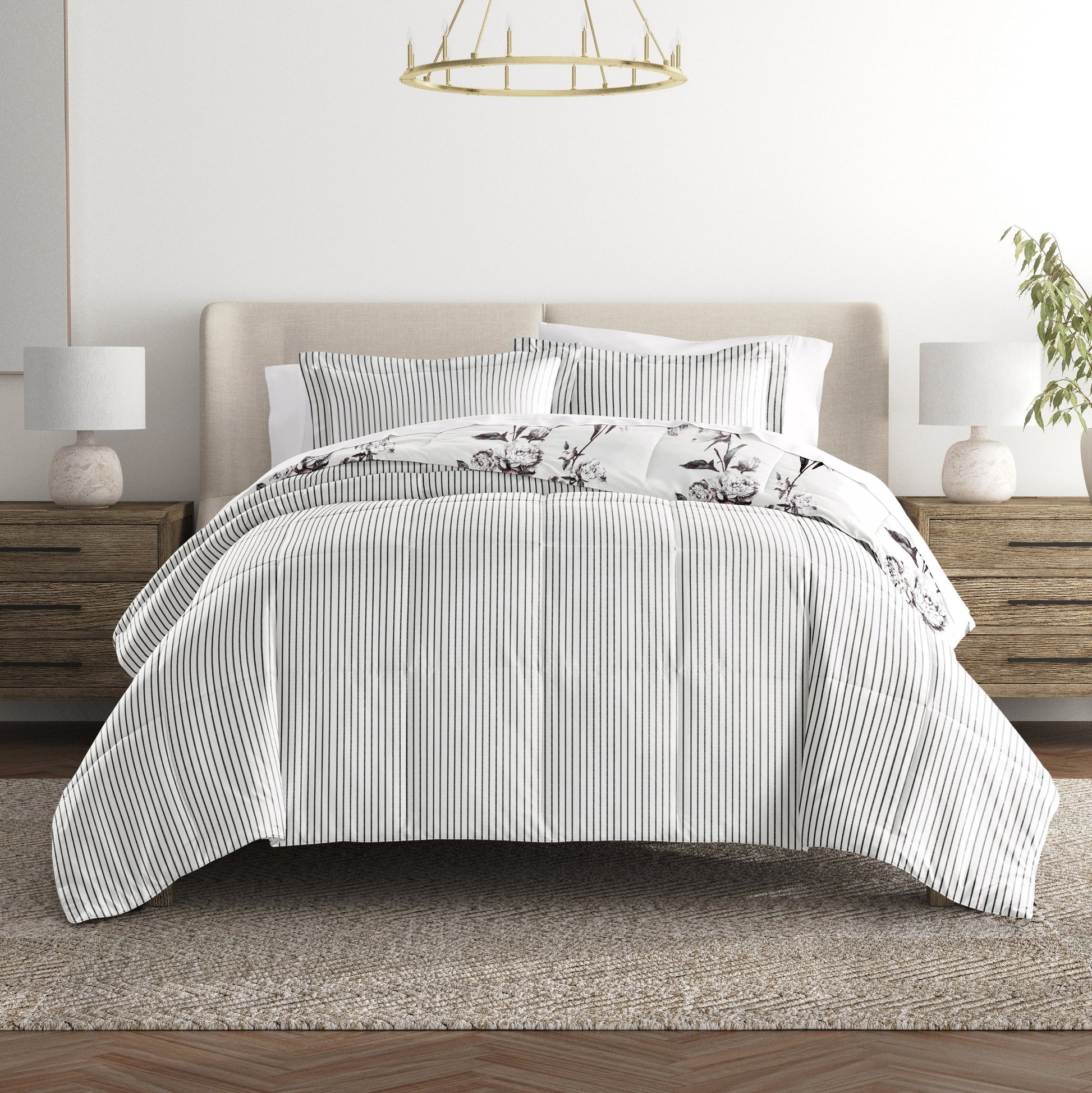 Vintage Magnolia Stripe Reversible Patterned Down-Alternative Comforter Set