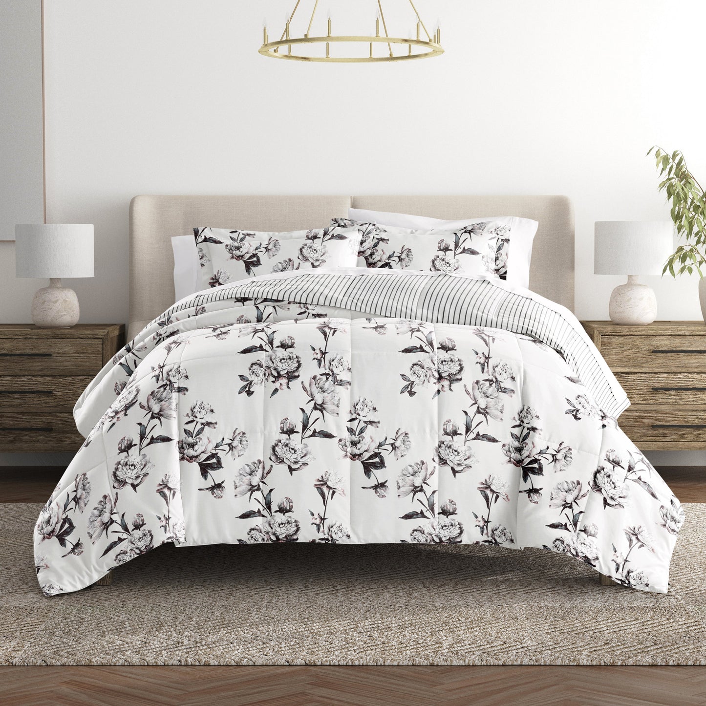 Vintage Magnolia Stripe Reversible Patterned Down-Alternative Comforter Set
