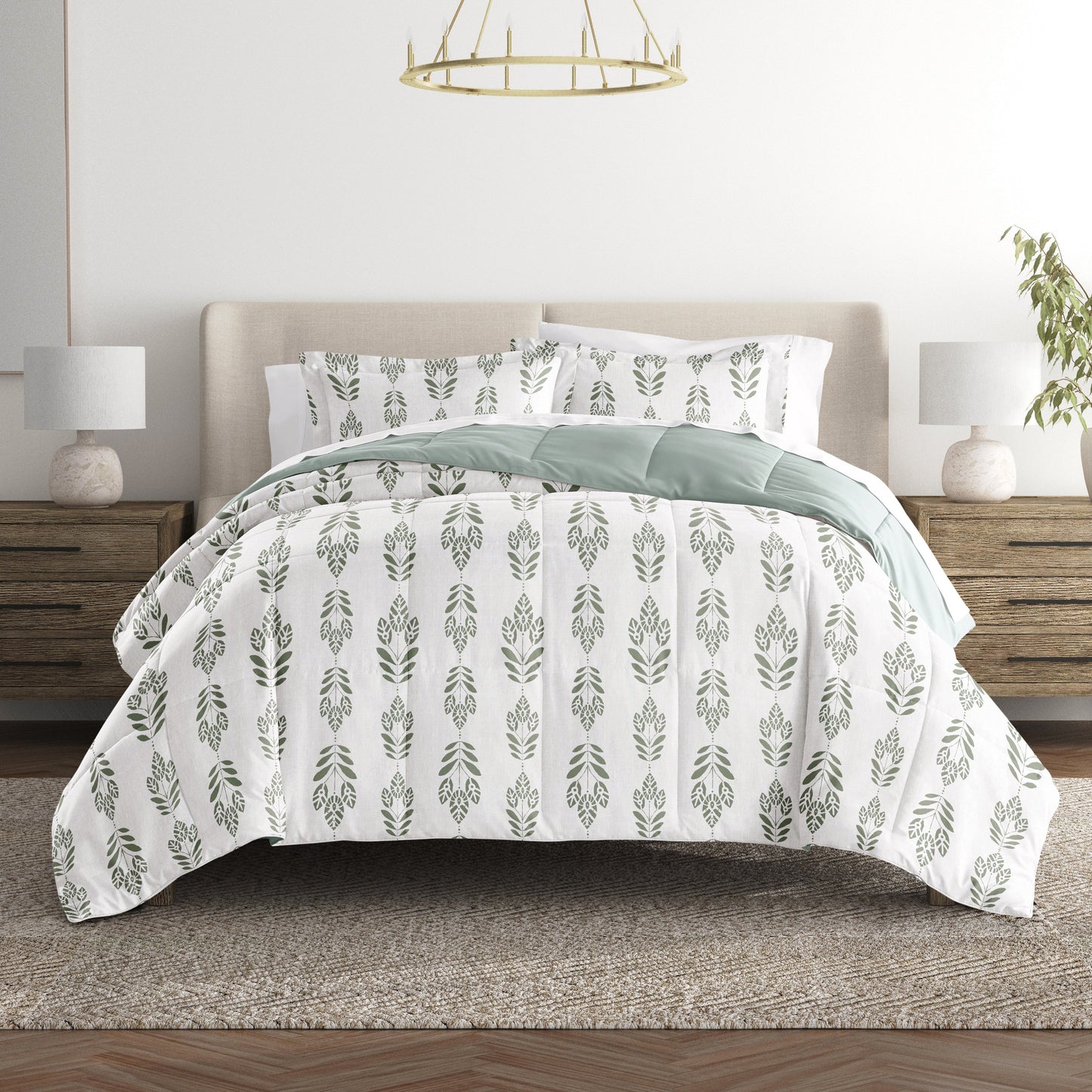 Folk Leaves Reversible Patterned Down-Alternative Comforter Set