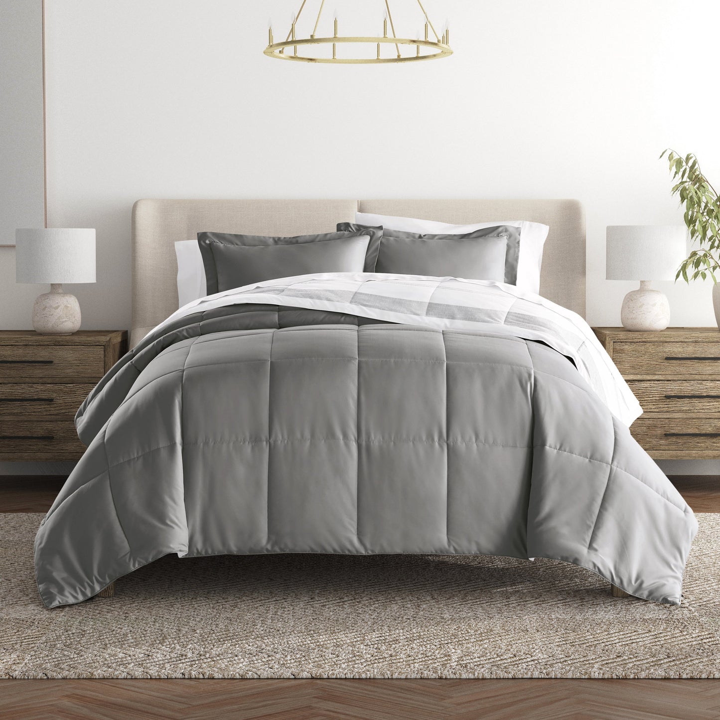Stitched Stripe Reversible Patterned Down-Alternative Comforter Set