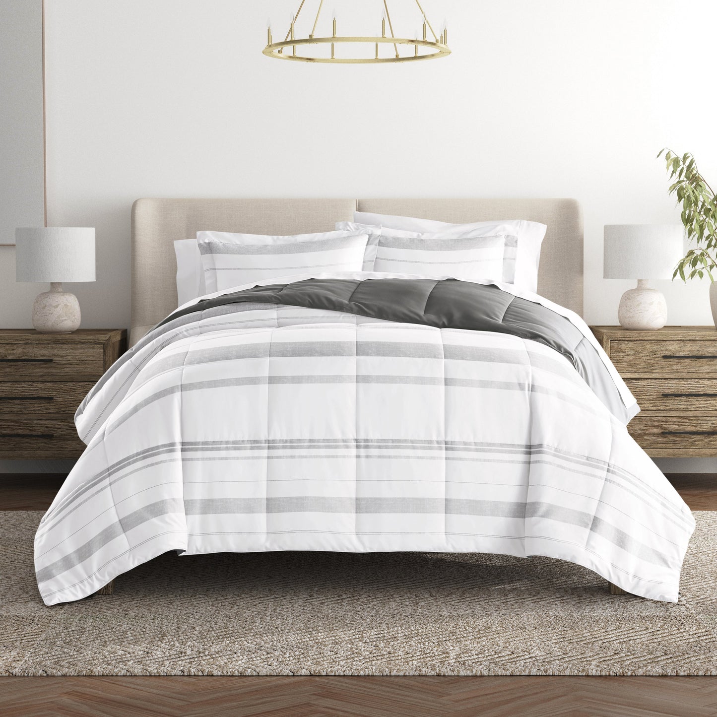 Stitched Stripe Reversible Patterned Down-Alternative Comforter Set