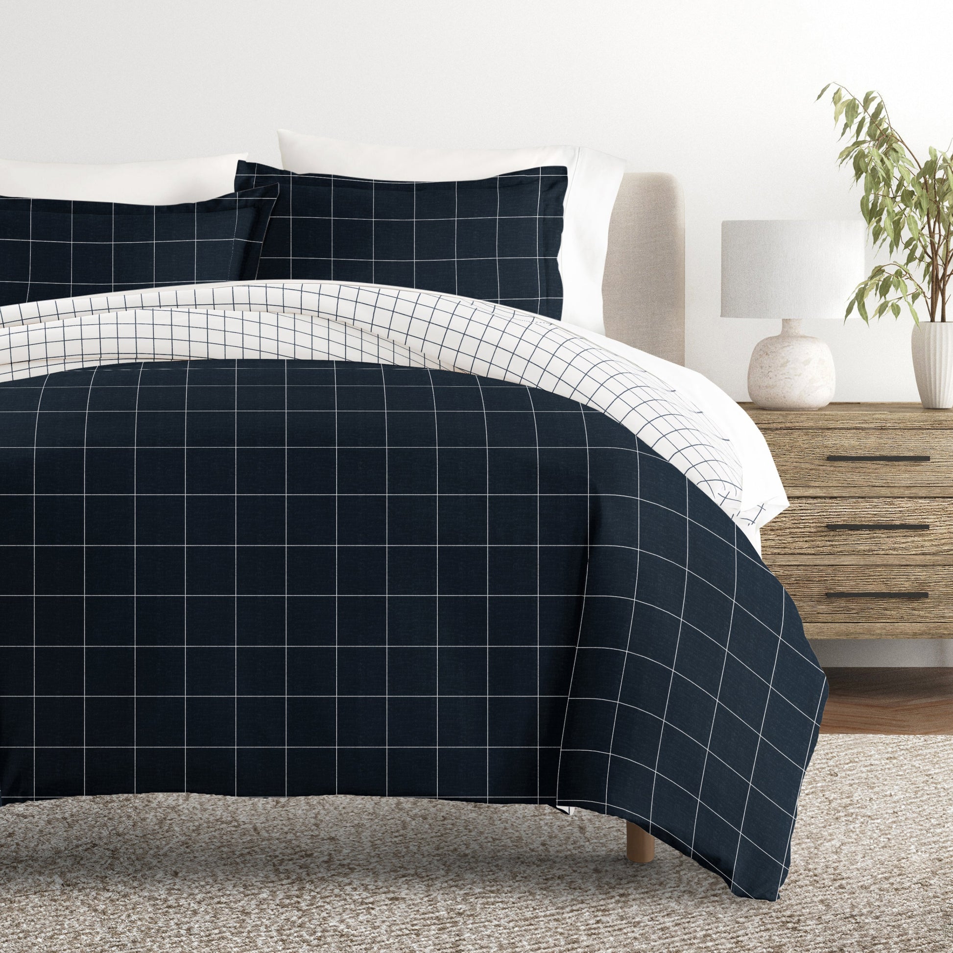 Rustic Windowpane Patterned Reversible Duvet Cover Set