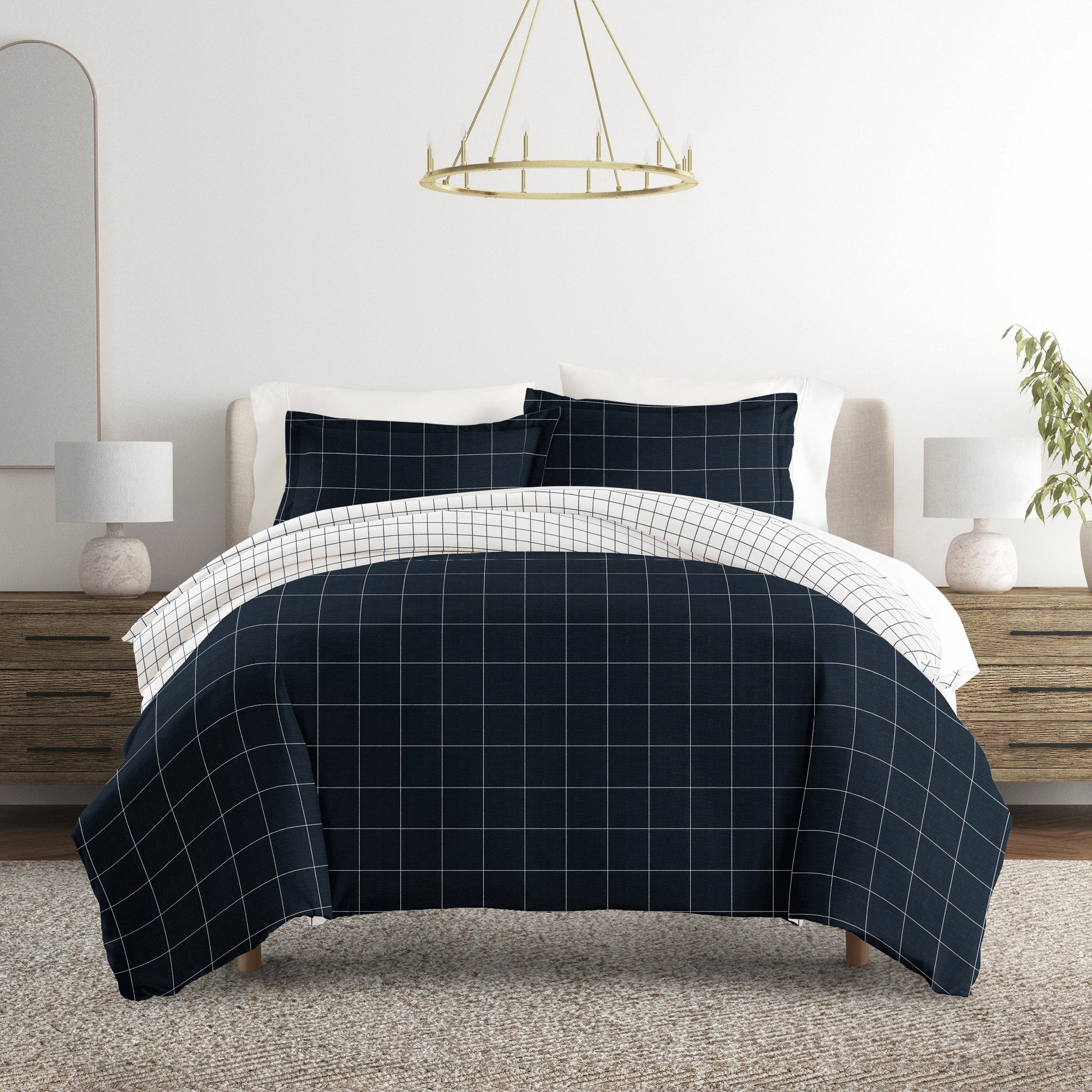 Rustic Windowpane Patterned Reversible Duvet Cover Set