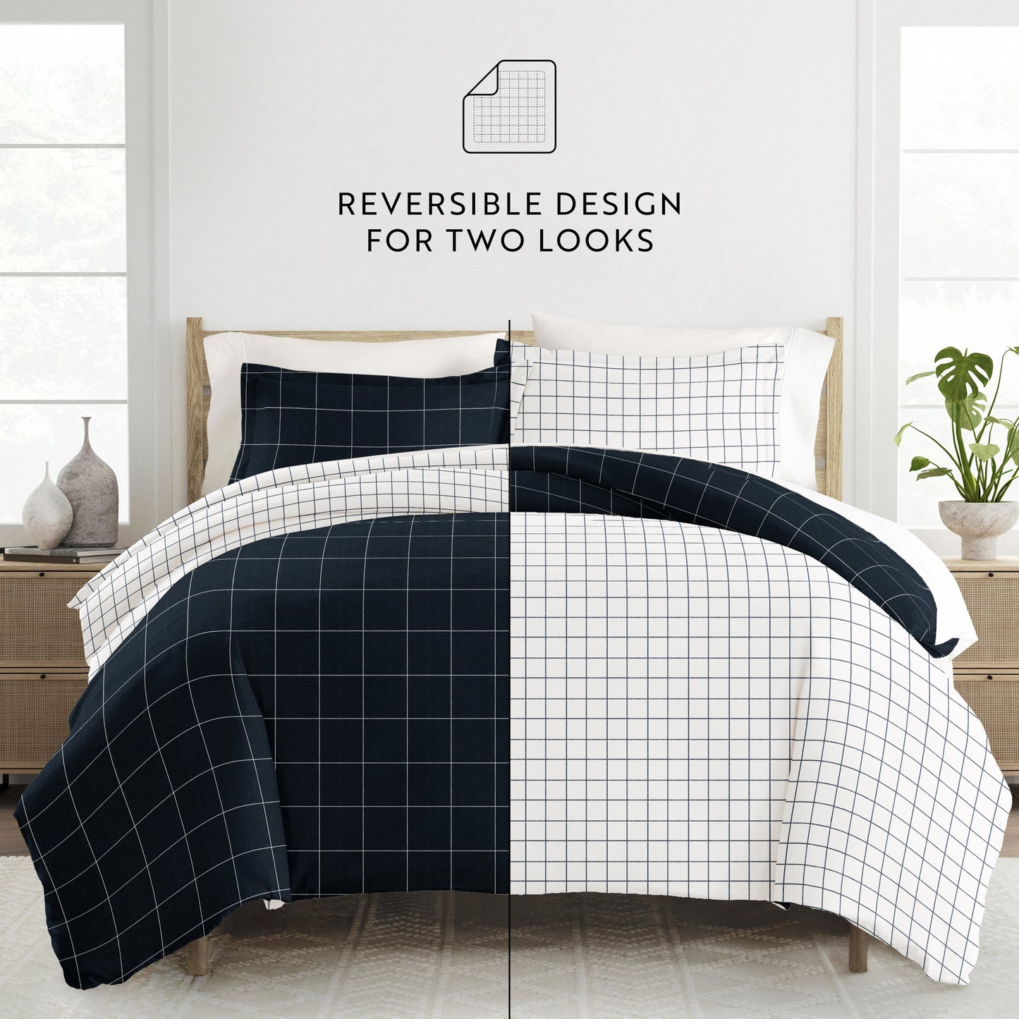 Rustic Windowpane Patterned Reversible Duvet Cover Set