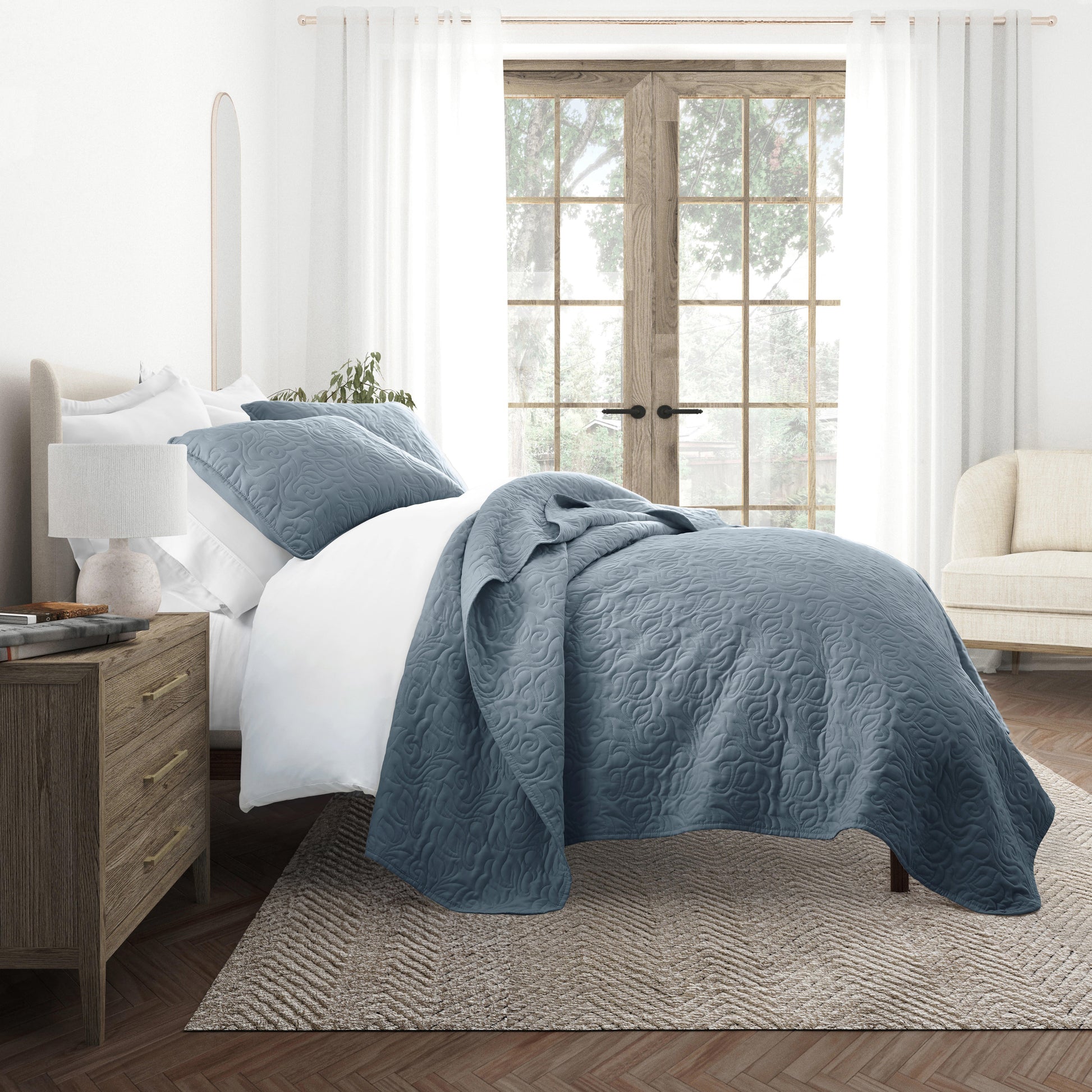 Lightweight Floral Stitch Quilted Coverlet Set