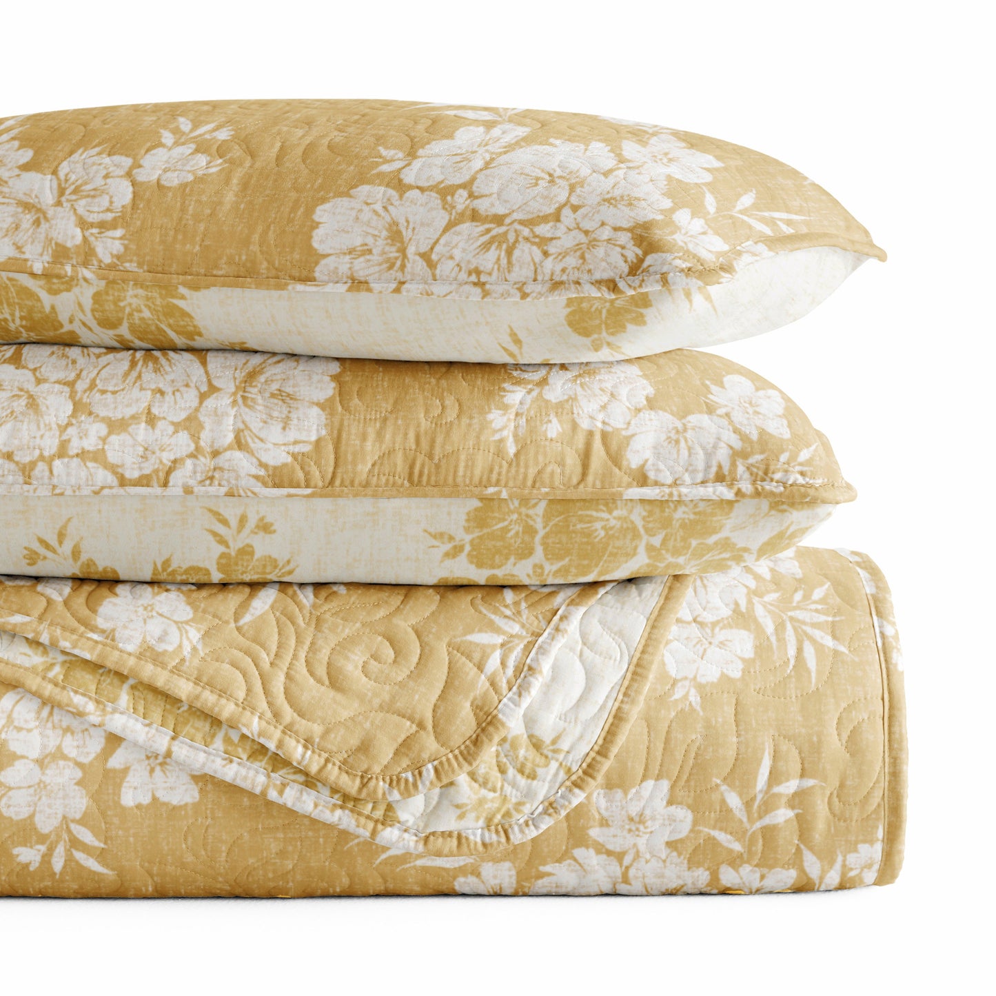 Distressed Bouquet Patterned Quilted Coverlet Set