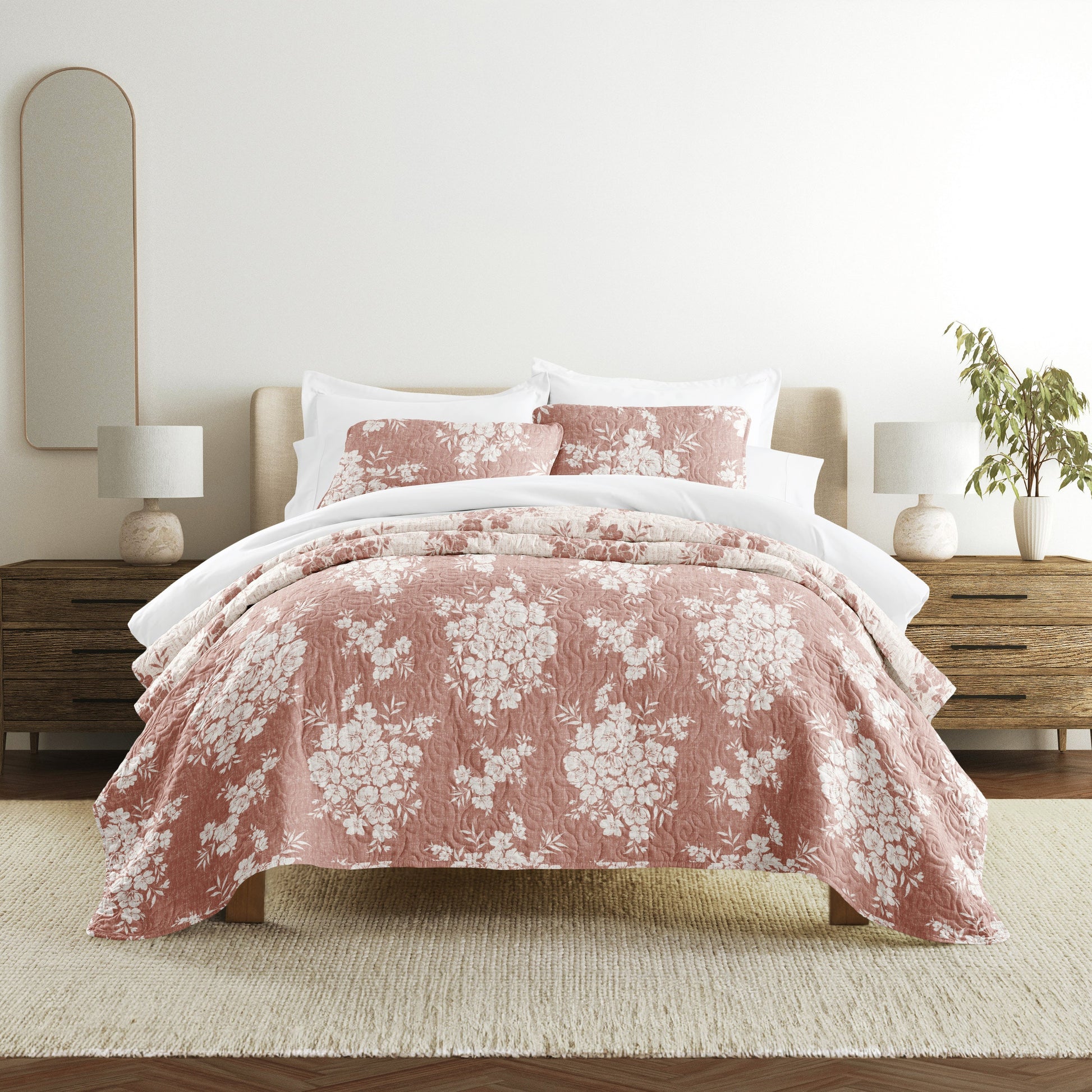 Distressed Bouquet Patterned Quilted Coverlet Set
