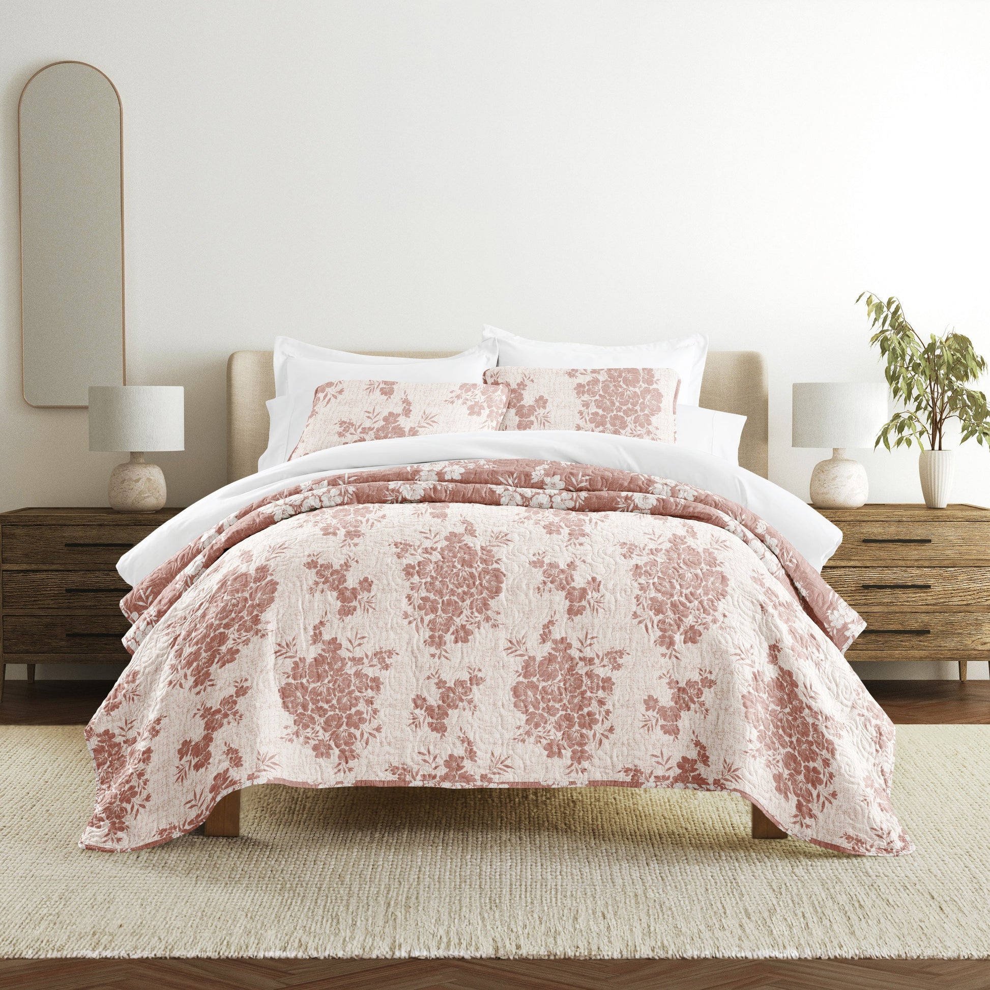 Distressed Bouquet Patterned Quilted Coverlet Set