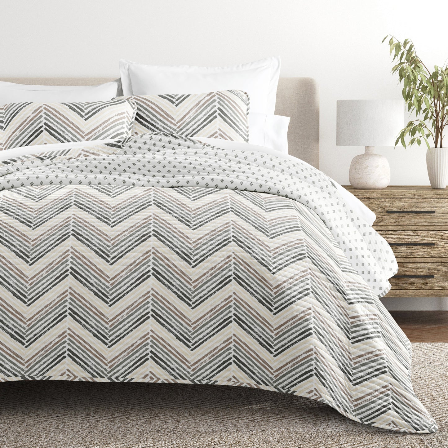 Painted Chevron Patterned Reversible Quilted Coverlet Set