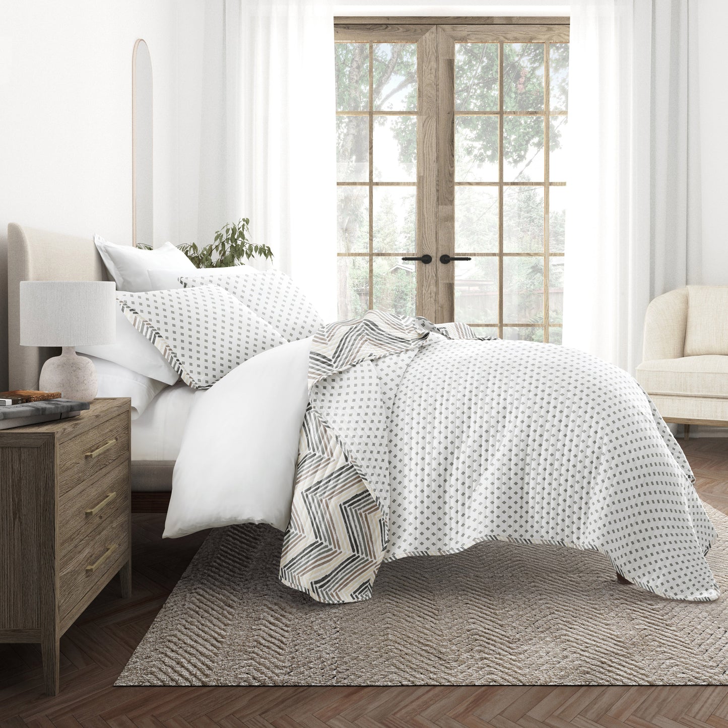 Painted Chevron Patterned Reversible Quilted Coverlet Set