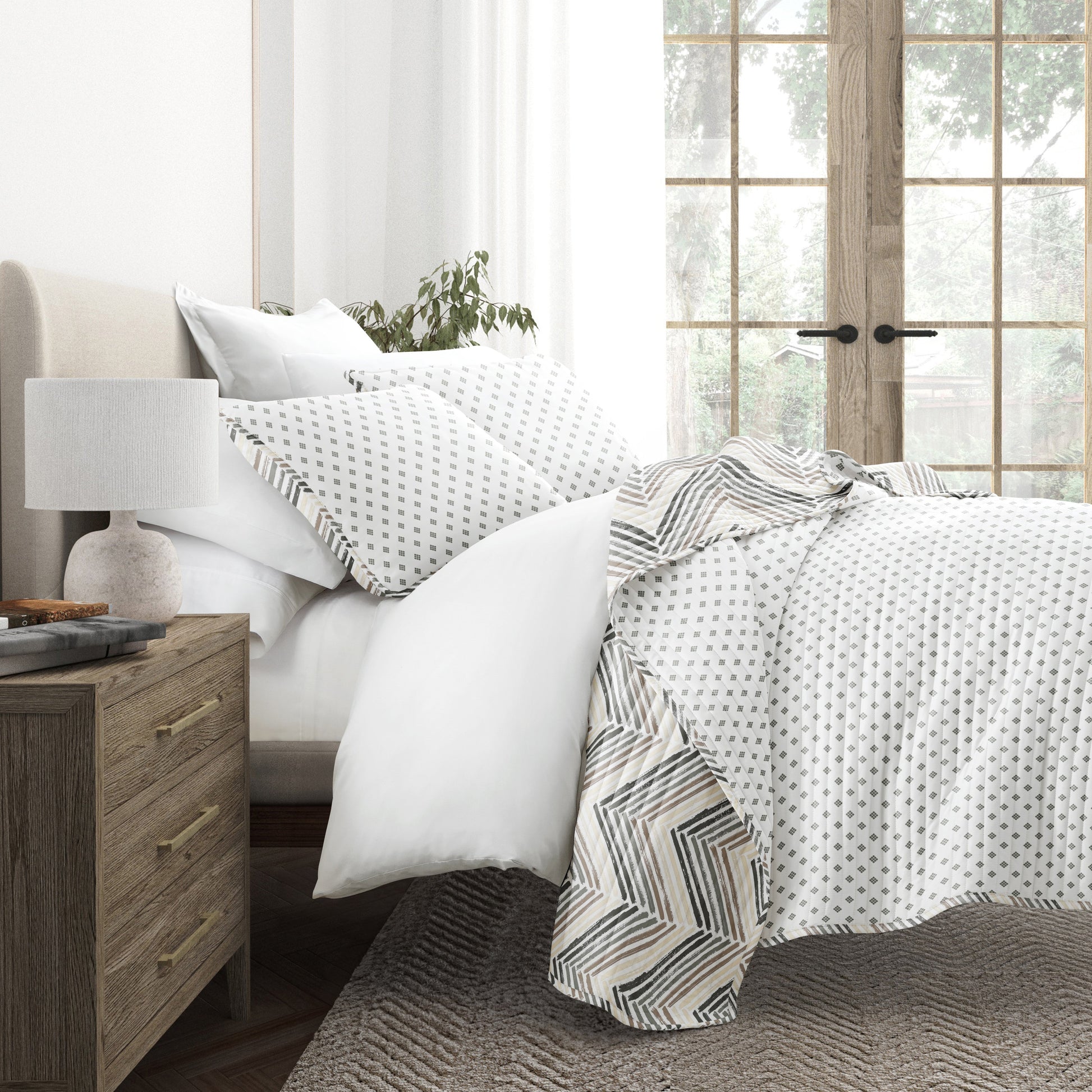 Painted Chevron Patterned Reversible Quilted Coverlet Set