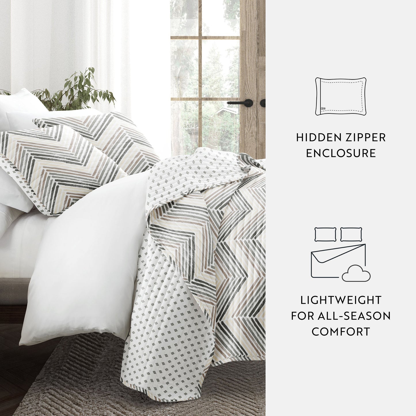 Painted Chevron Patterned Reversible Quilted Coverlet Set