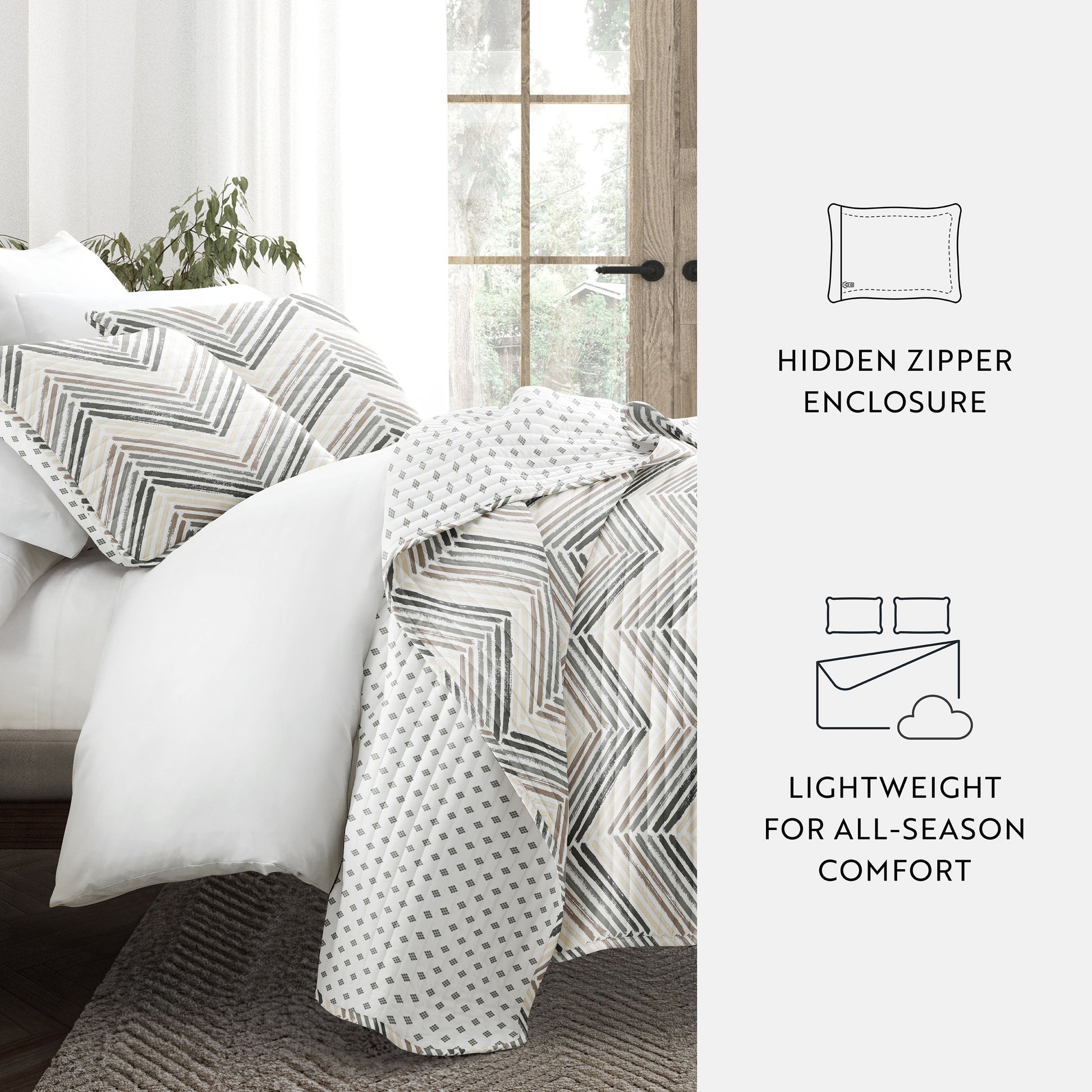 Painted Chevron Patterned Reversible Quilted Coverlet Set