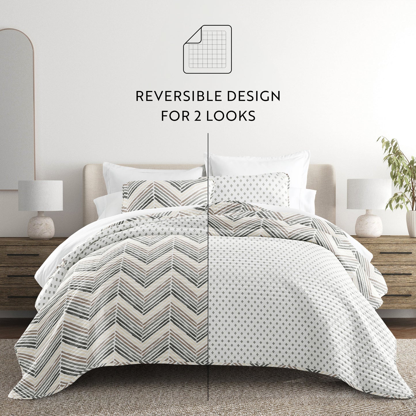 Painted Chevron Patterned Reversible Quilted Coverlet Set