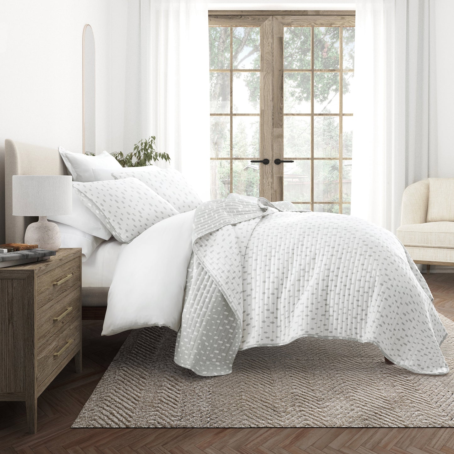 Neutral Dots Patterned Reversible Quilted Coverlet Set