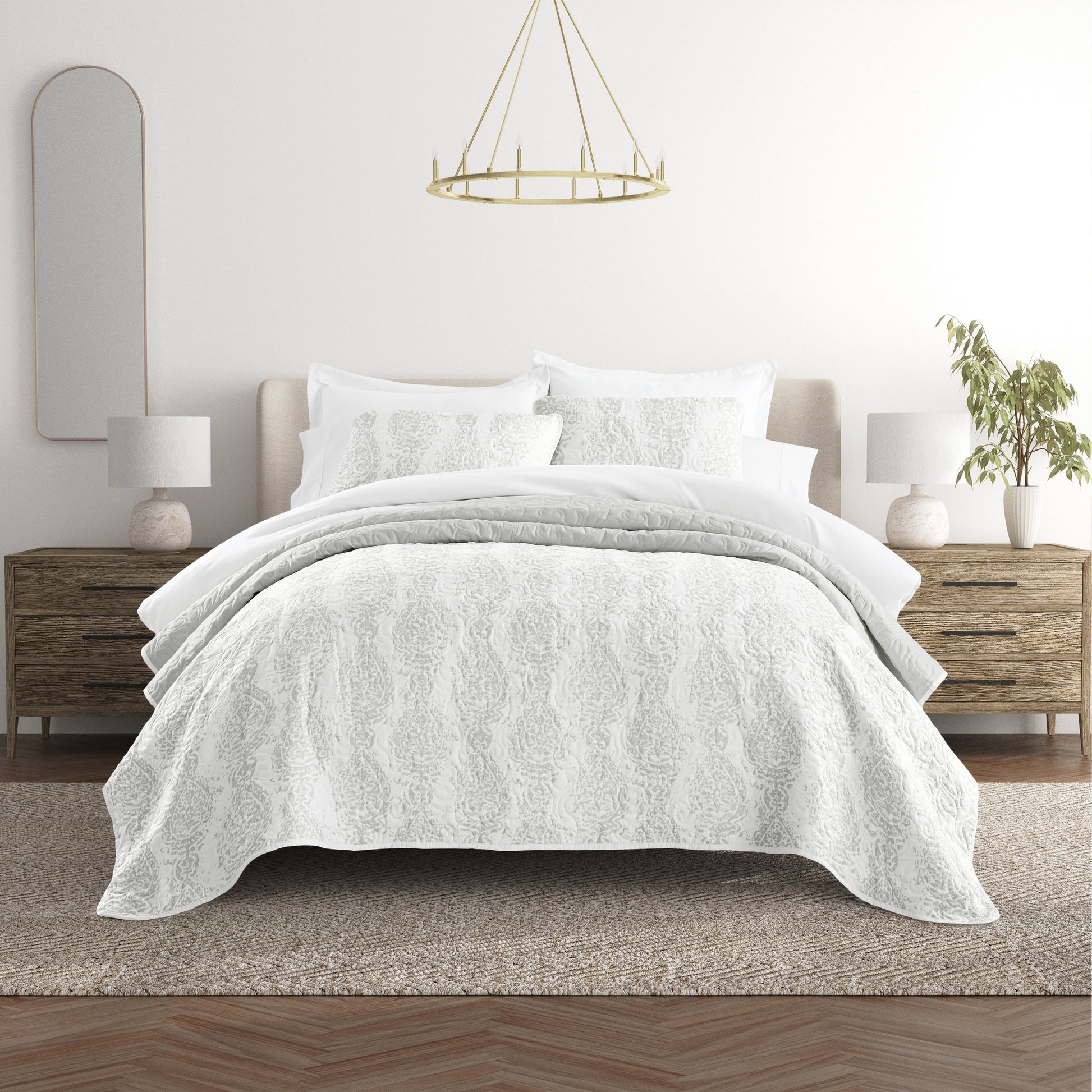 Classic Damask Patterned Reversible Quilted Coverlet Set