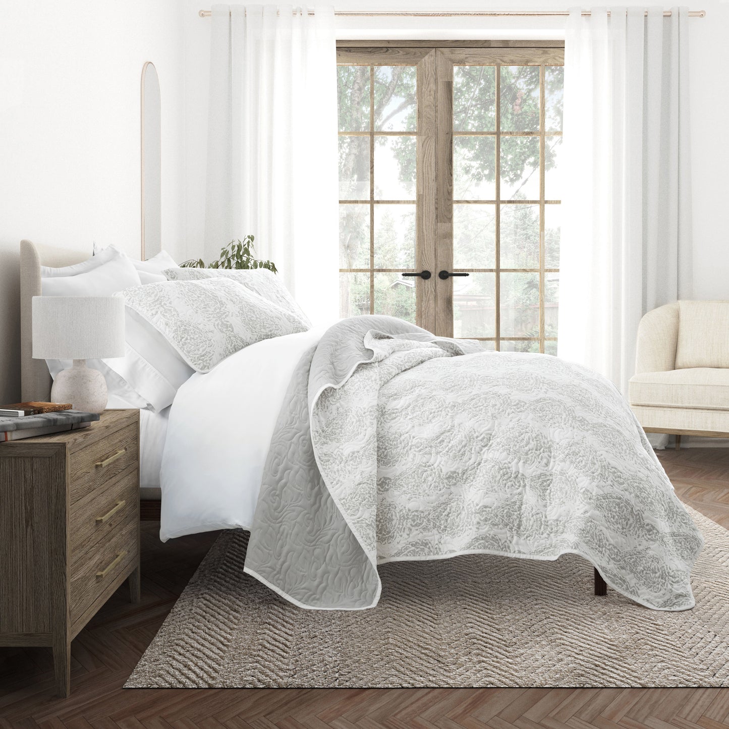 Classic Damask Patterned Reversible Quilted Coverlet Set