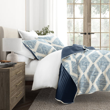 Distressed Diamond Patterned Reversible Quilted Coverlet Set