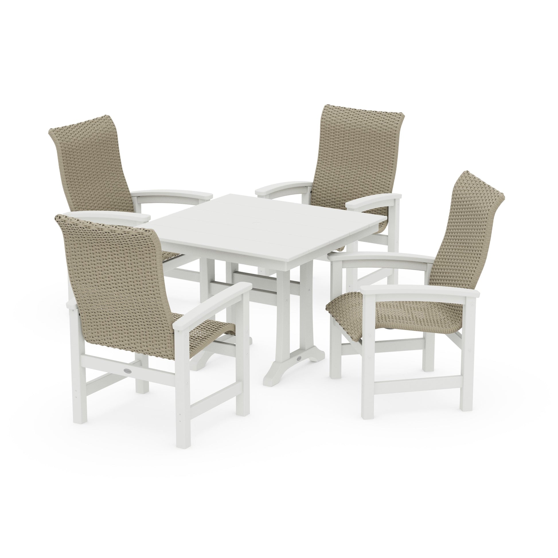 POLYWOOD Coastal Woven High-Back 5-Piece Farmhouse Dining Set with Trestle Legs — White / Dune Grass
