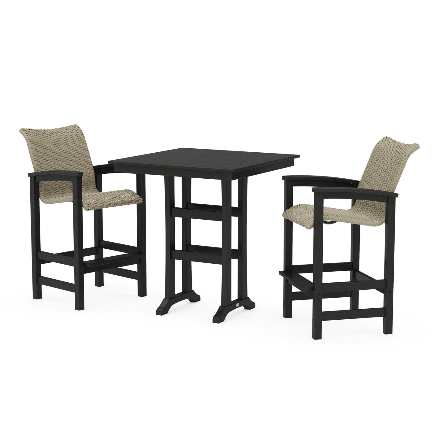 POLYWOOD Coastal Woven 3-Piece Farmhouse Bar Set with Trestle Legs — Black / Dune Grass