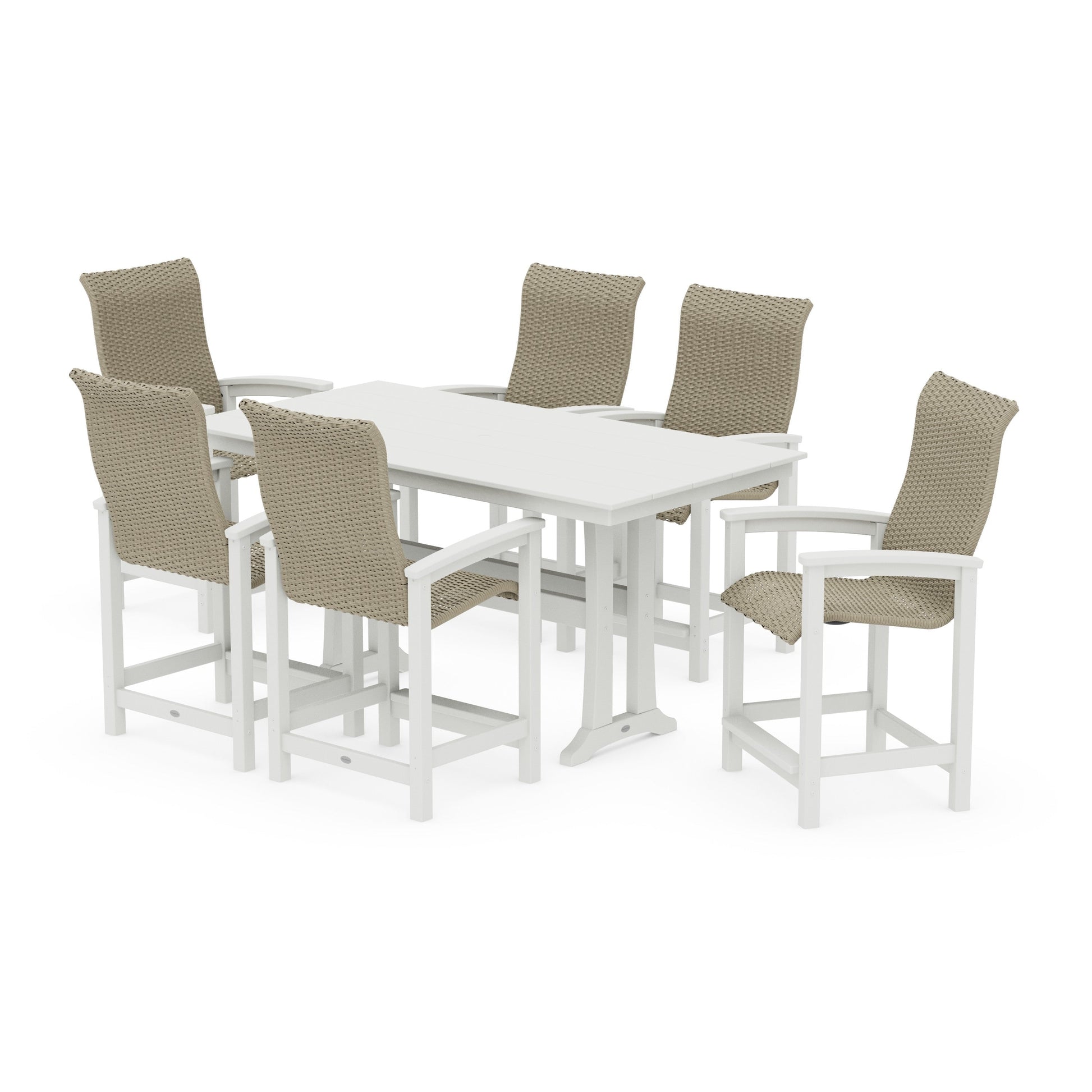 POLYWOOD Coastal Woven High-Back Arm Chair 7-Piece Farmhouse Counter Set with Trestle Legs — White / Dune Grass