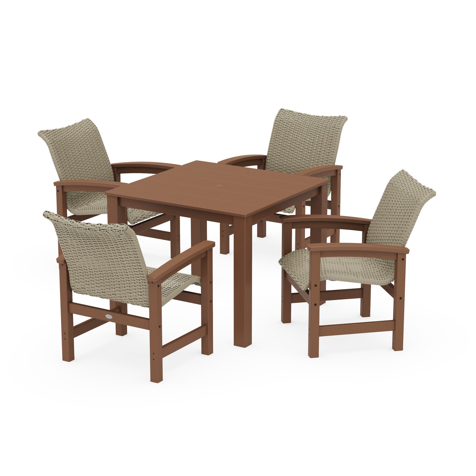 POLYWOOD Coastal Woven 5-Piece Parsons Dining Set — Teak / Dune Grass