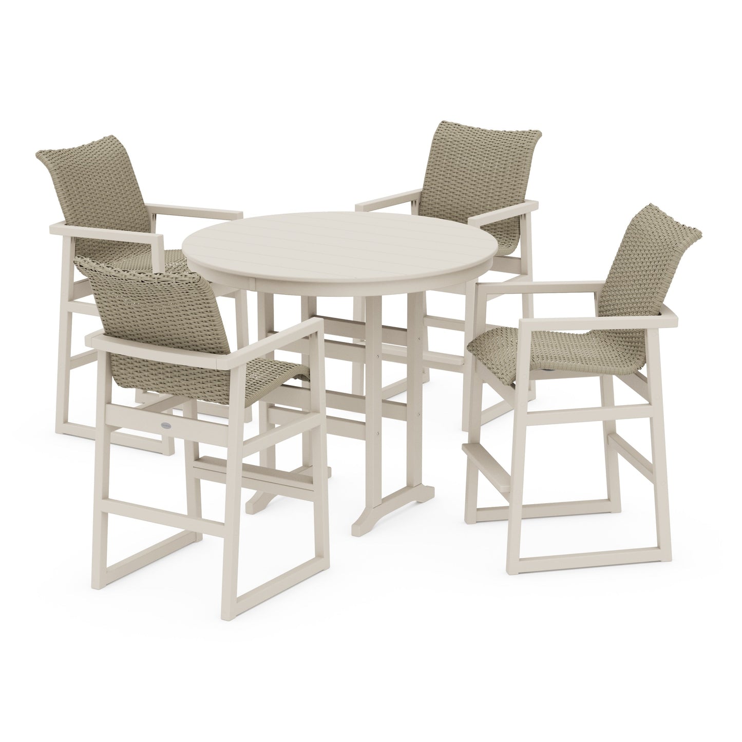POLYWOOD EDGE Woven 5-Piece Round Farmhouse Bar Set — Sand / Dune Grass