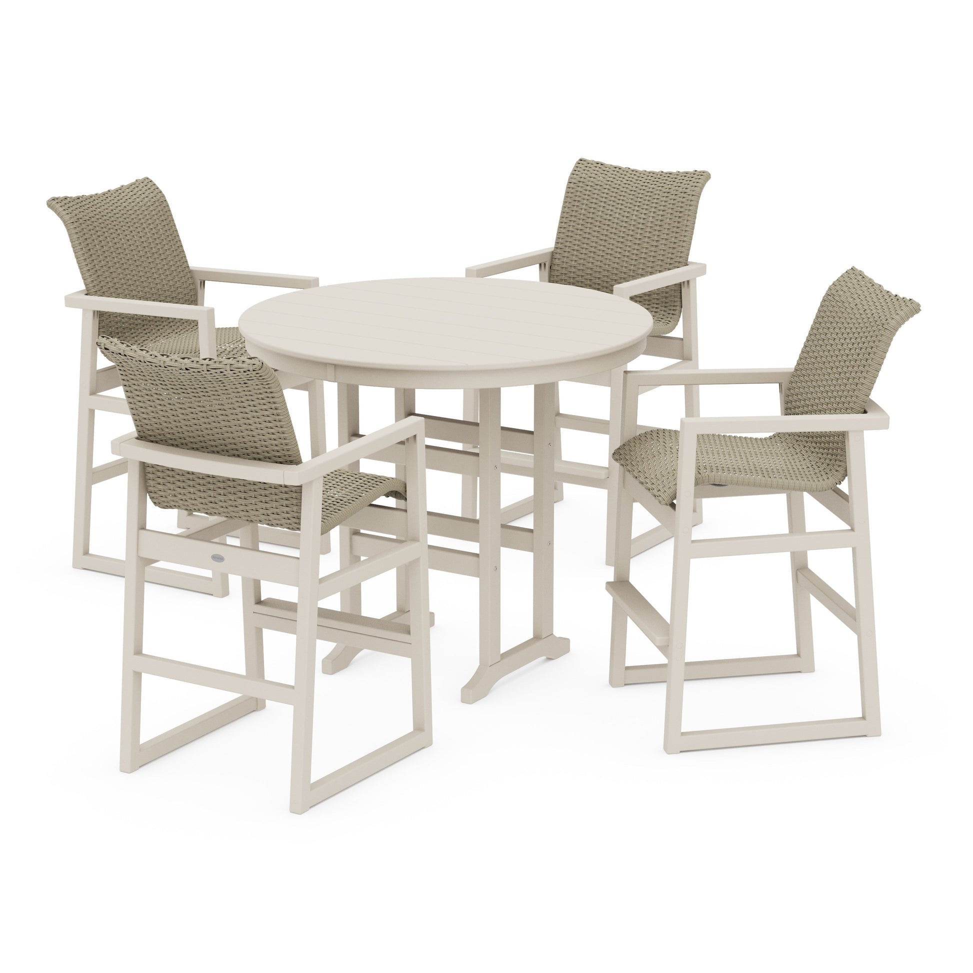 POLYWOOD EDGE Woven 5-Piece Round Farmhouse Bar Set — Sand / Dune Grass