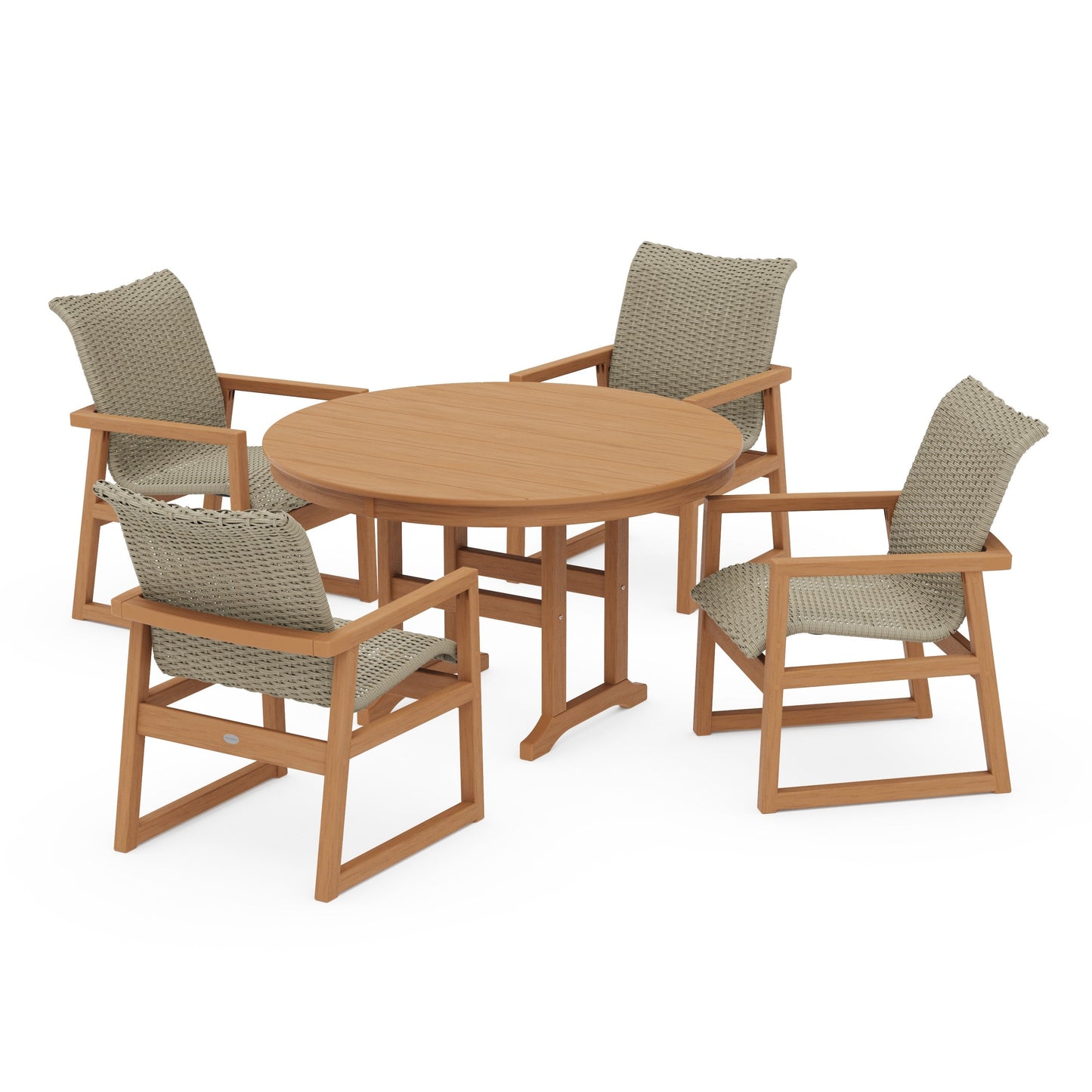 POLYWOOD EDGE Woven 5-Piece Round Farmhouse Dining Set — Natural / Dune Grass
