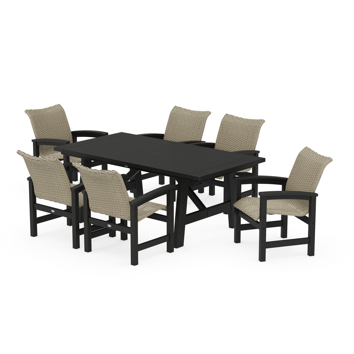 POLYWOOD Coastal Woven Arm Chair 7-Piece Rustic Farmhouse Dining Set — Black / Dune Grass