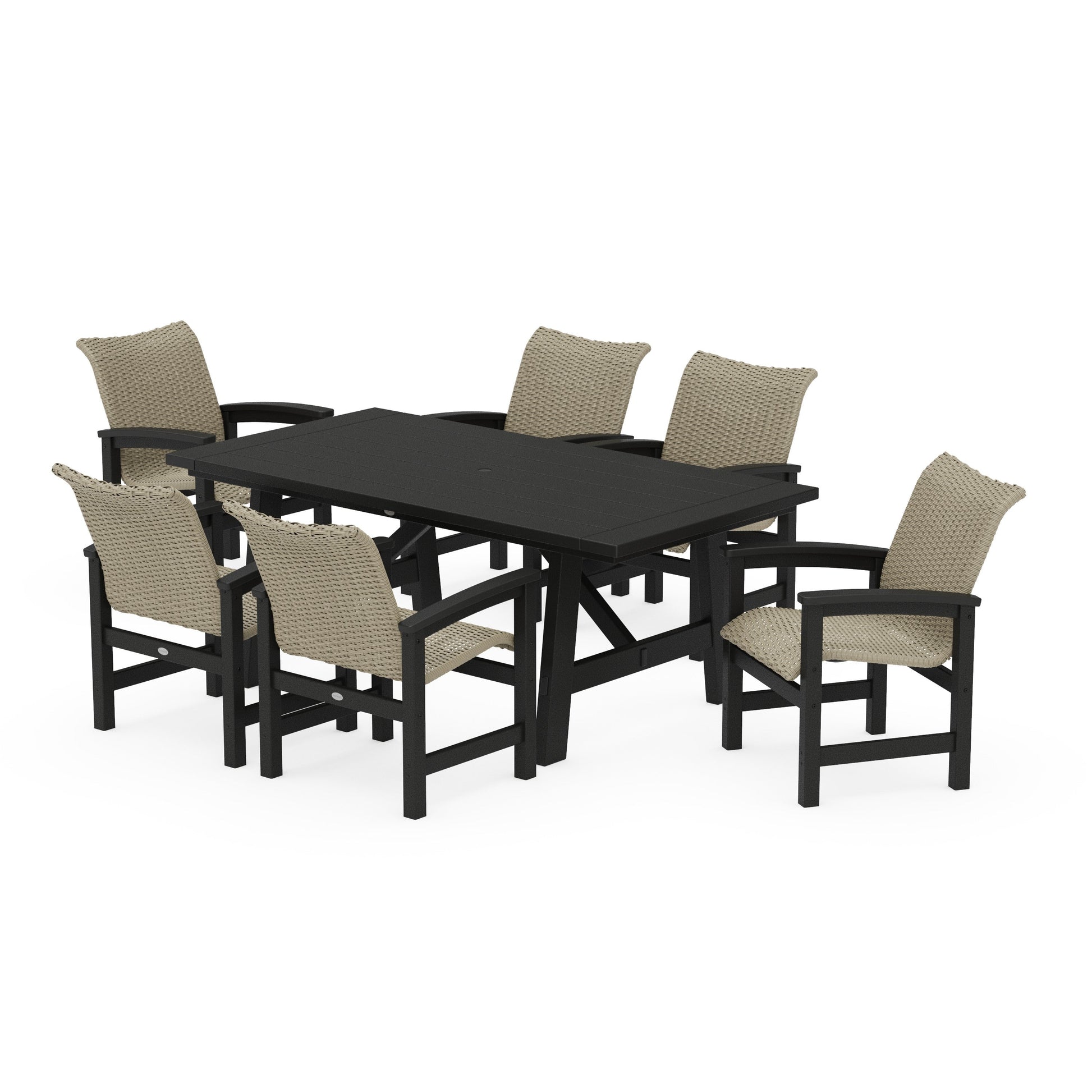 POLYWOOD Coastal Woven Arm Chair 7-Piece Rustic Farmhouse Dining Set — Black / Dune Grass