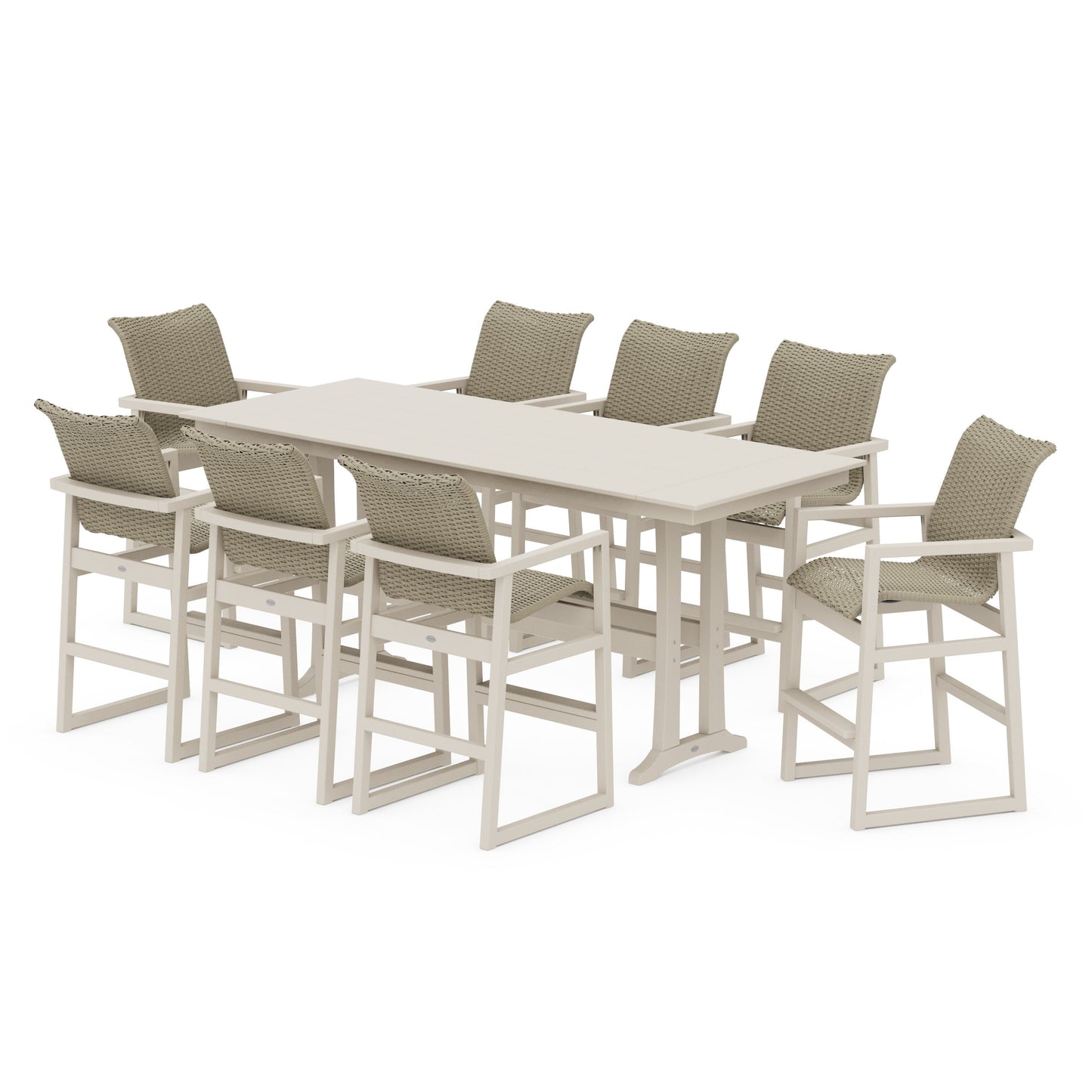 POLYWOOD EDGE Woven 9-Piece Farmhouse Bar Set with Trestle Legs — Sand / Dune Grass