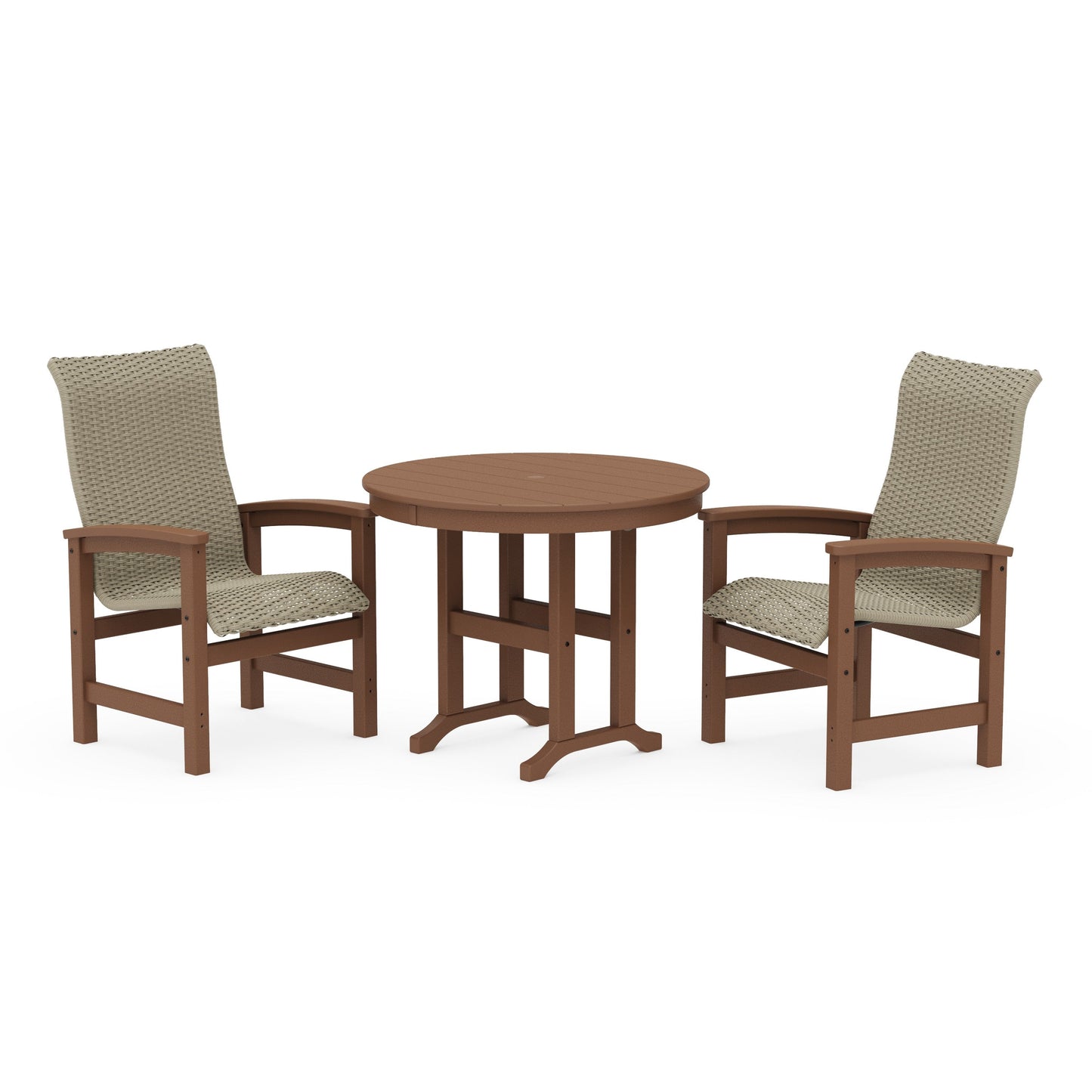 POLYWOOD Coastal Woven High-Back 3-Piece Farmhouse Dining Set — Teak / Dune Grass