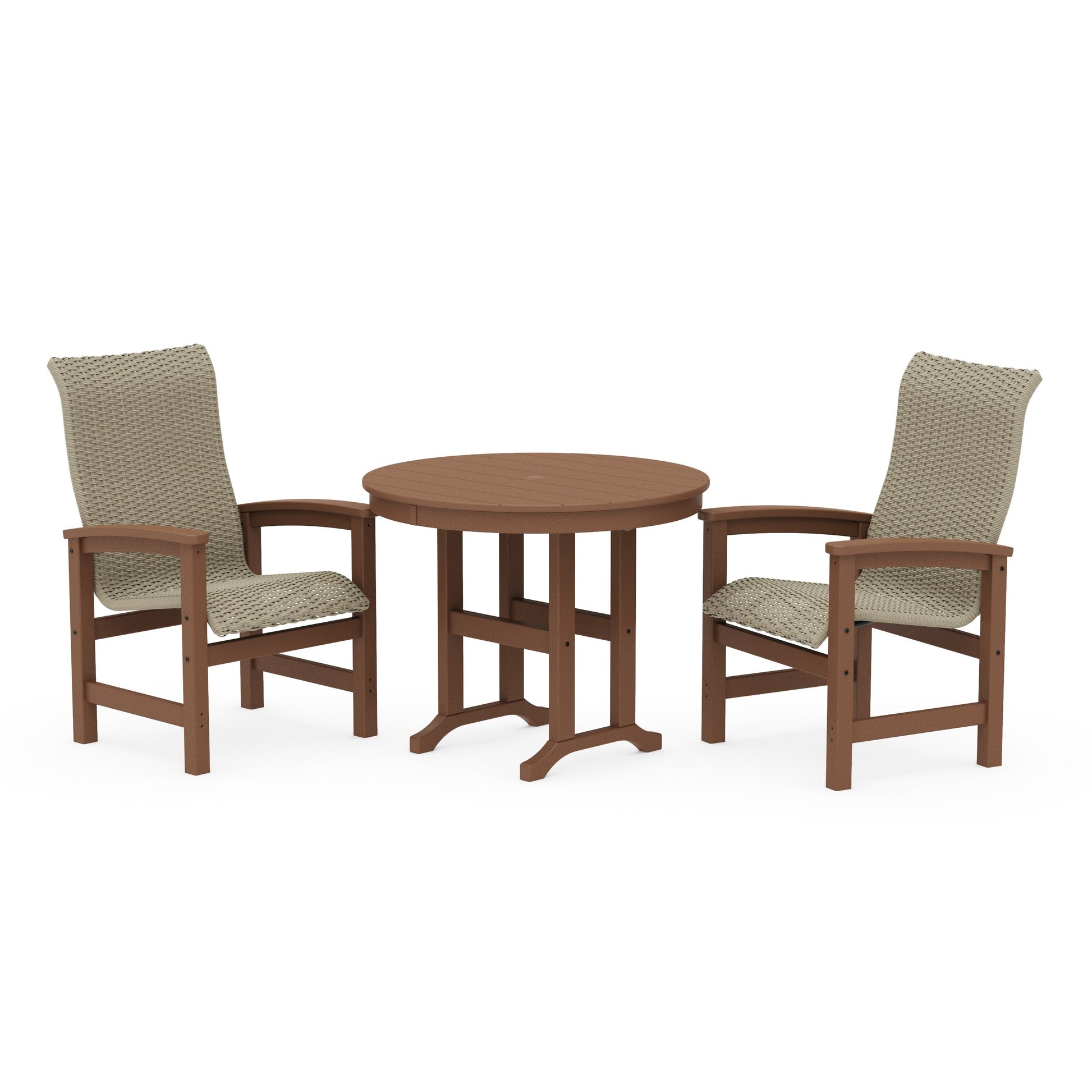 POLYWOOD Coastal Woven High-Back 3-Piece Farmhouse Dining Set — Teak / Dune Grass
