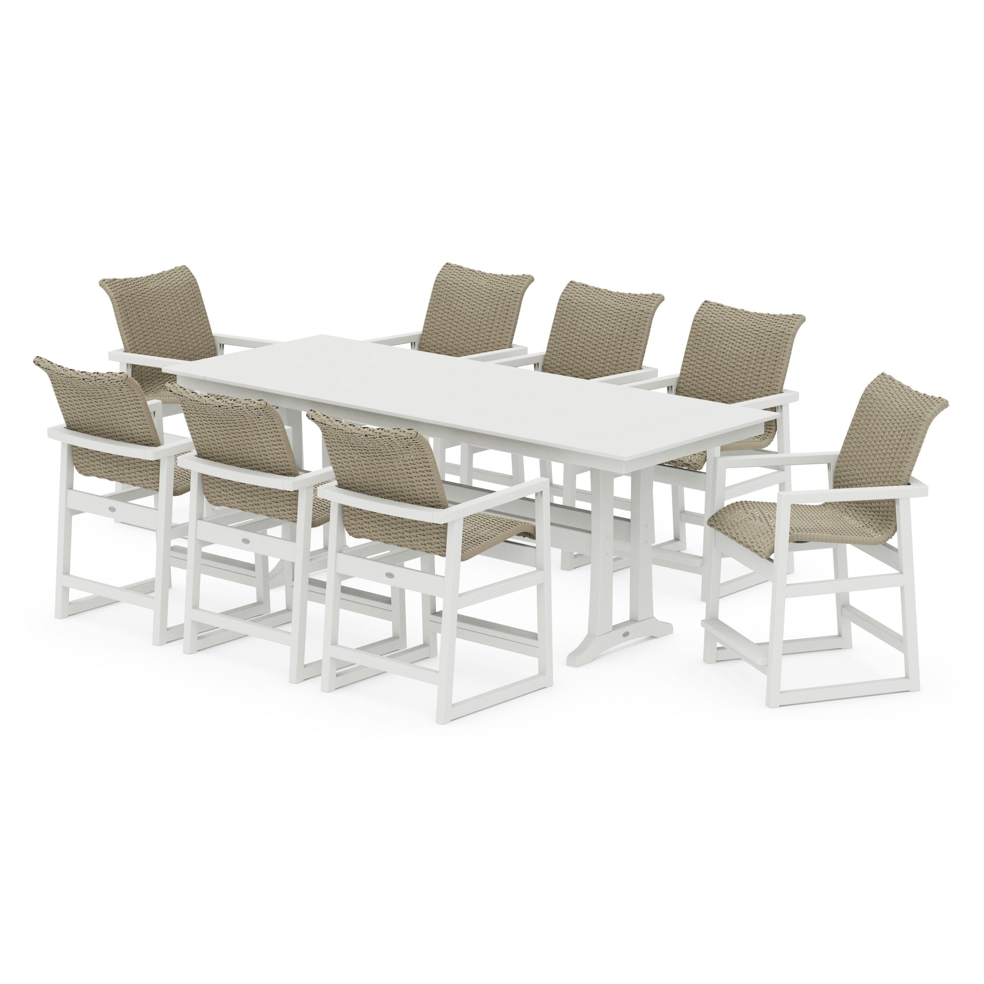 POLYWOOD EDGE Woven 9-Piece Farmhouse Counter Set with Trestle Legs — White / Dune Grass