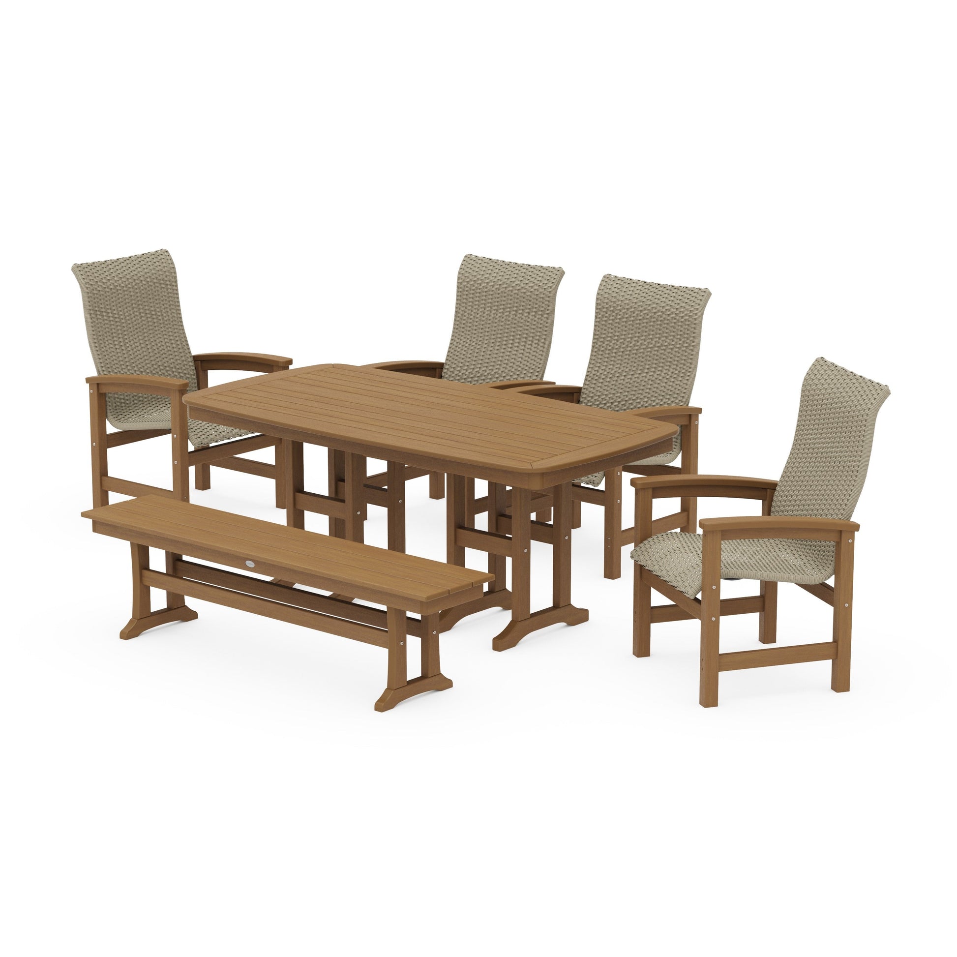 POLYWOOD Coastal Woven High-Back 6-Piece Farmhouse Dining Set with Bench — Natural / Dune Grass
