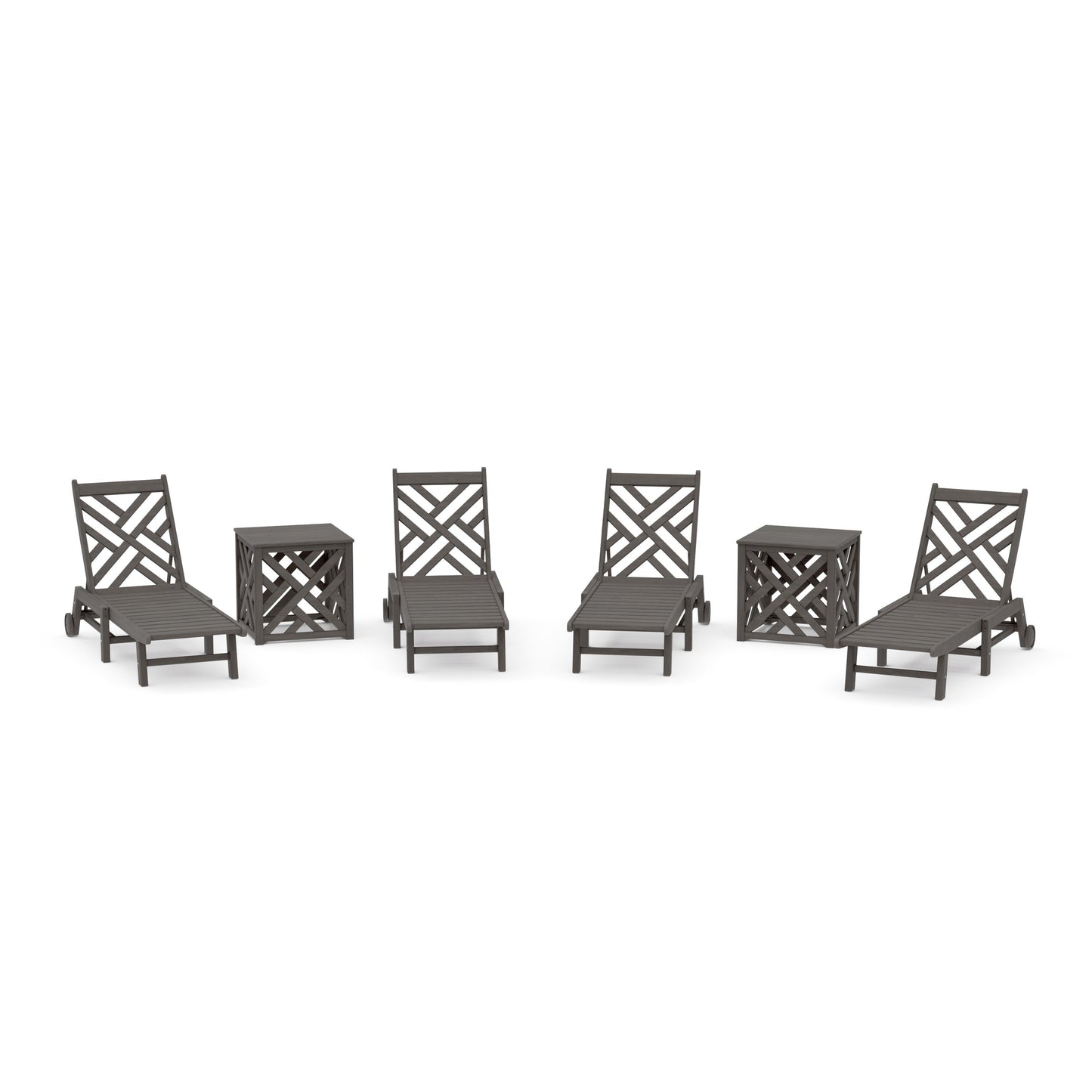 POLYWOOD Chippendale 6-Piece Chaise Set with Wheels and Umbrella Stand Accent Table — Driftwood